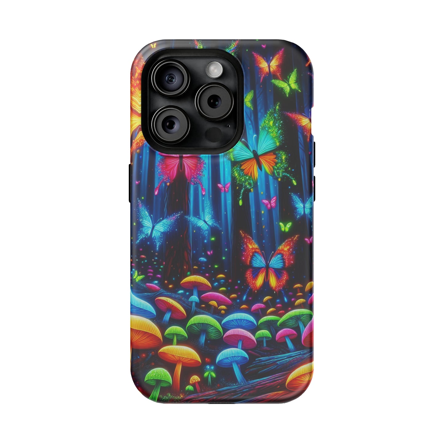 Neon Fantasia. Neon Butterflies and Mushrooms Premium Art Magsafe Magnet Tough IPhone 13 14 15 Pro Plus Max and Mini in Matte and Glossy Phone cases