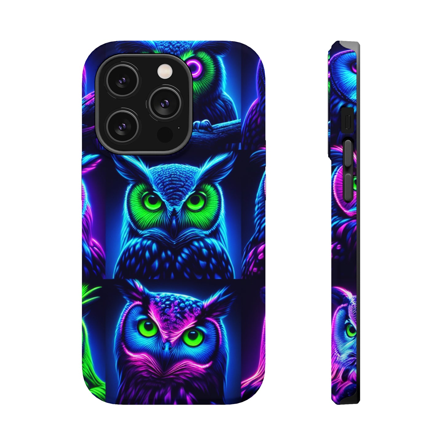 "Neon Nocturne" Neon Owls Premium Art Magsafe Magnet Tough IPhone 13 14 15 Pro Plus Max and Mini in Matte and Glossy Phone cases