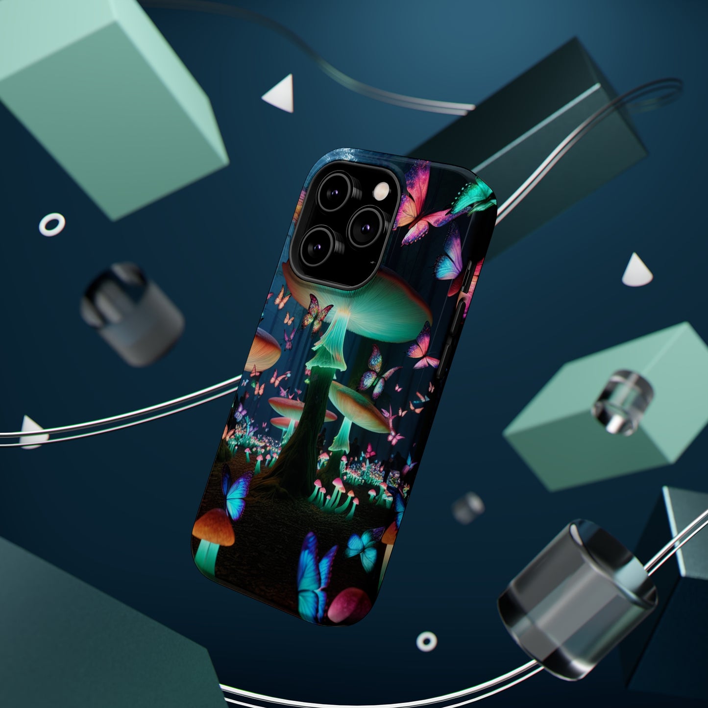 Neon Garden Delight. Neon Butterflies and Mushrooms Premium Art Magsafe Magnet Tough IPhone 13 14 15 Pro Plus Max and Mini in Matte and Glossy Phone cases