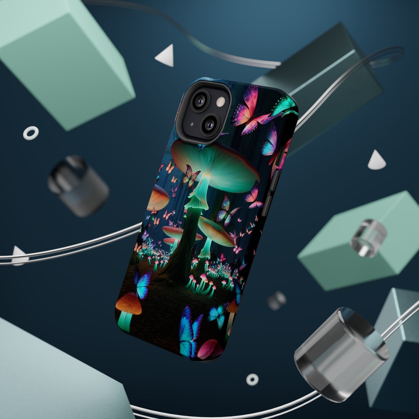 Neon Garden Delight. Neon Butterflies and Mushrooms Premium Art Magsafe Magnet Tough IPhone 13 14 15 Pro Plus Max and Mini in Matte and Glossy Phone cases
