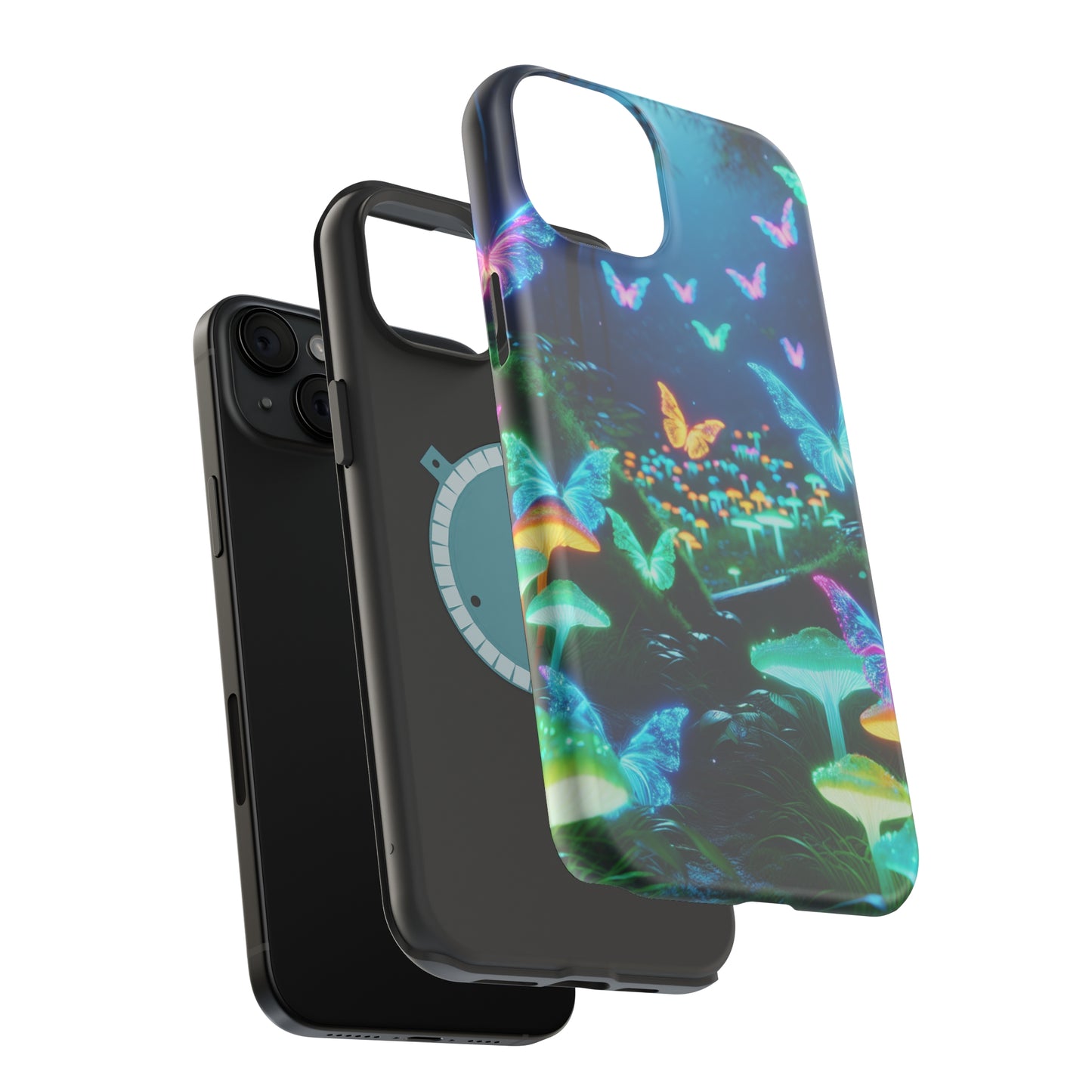 "Neon Meadow" Neon Butterflies and Mushrooms Premium Art Magsafe Magnet Tough IPhone 13 14 15 Pro Plus Max and Mini in Matte and Glossy Phone cases