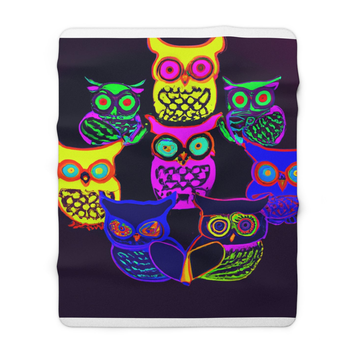 "Owls in Neon Splendor" - NEON Owls Art Sherpa Blanket