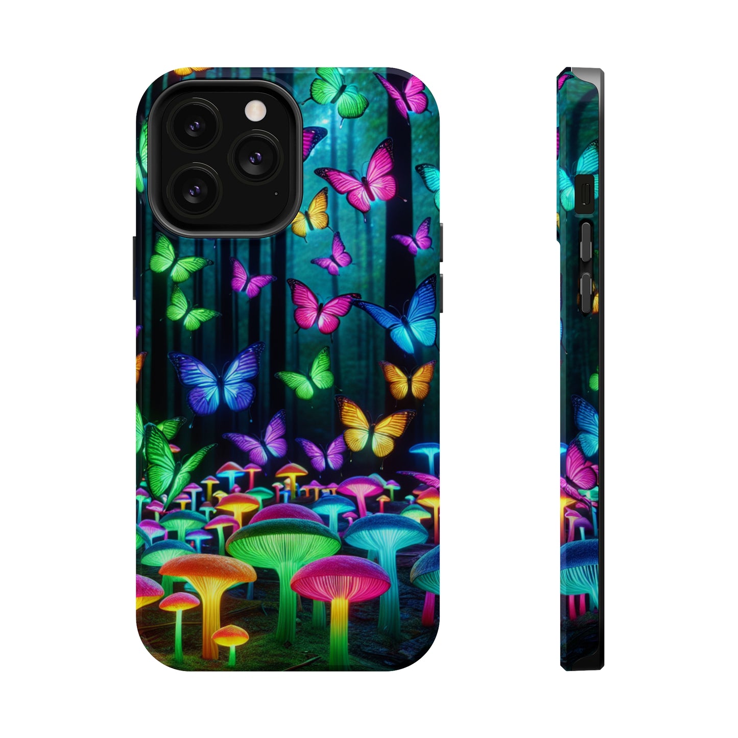 "Vivid Neon Splendor" Neon Butterflies and Mushrooms Premium Art Magsafe Magnet Tough IPhone 13 14 15 Pro Plus Max and Mini in Matte and Glossy Phone cases