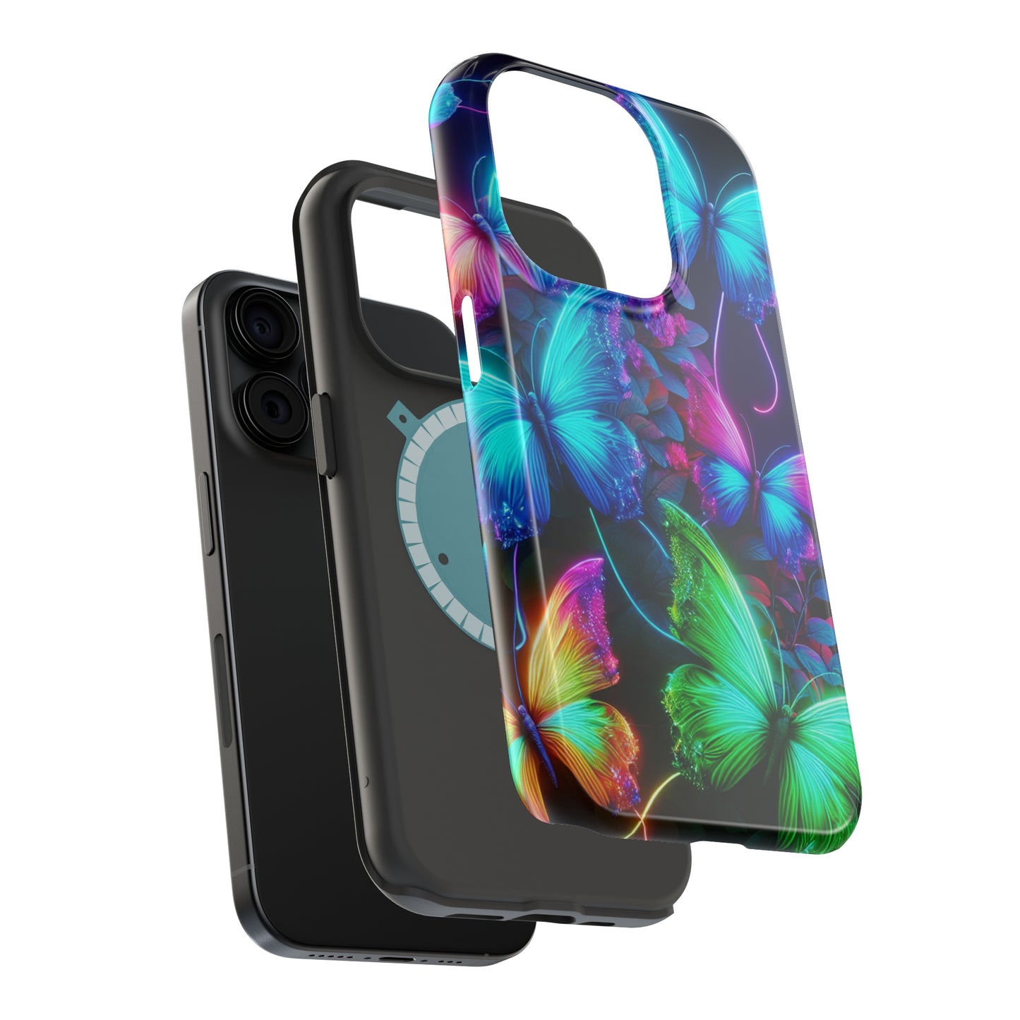 Neon Flutter Symphony Neon Butterflies Premium Art Magsafe Magnet Tough IPhone 13 14 15 Pro Plus Max and Mini in Matte and Glossy Phone cases