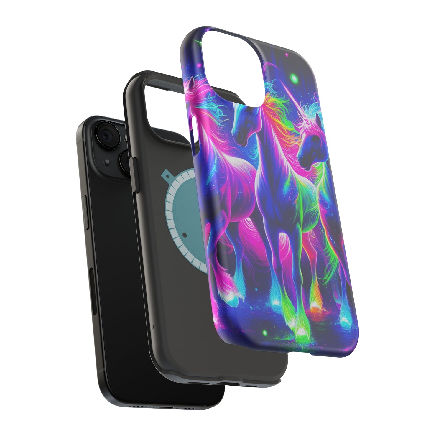 "Uni-Neon Fantasy" Neon Unicorns Premium Art Magsafe Magnet Tough IPhone 13 14 15 Pro Plus Max and Mini in Matte and Glossy Phone cases