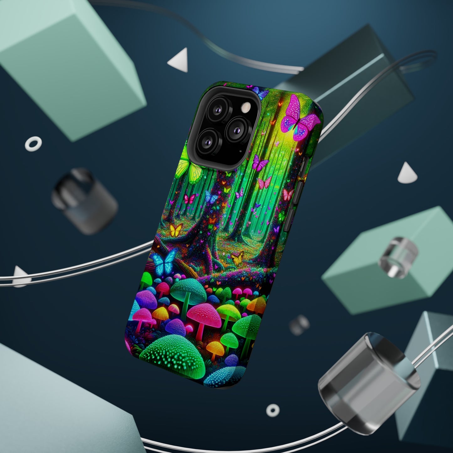 "Neon Garden Symphony". Neon Butterflies and Mushrooms Premium Art Magsafe Magnet Tough IPhone 13 14 15 Pro Plus Max and Mini in Matte and Glossy Phone cases