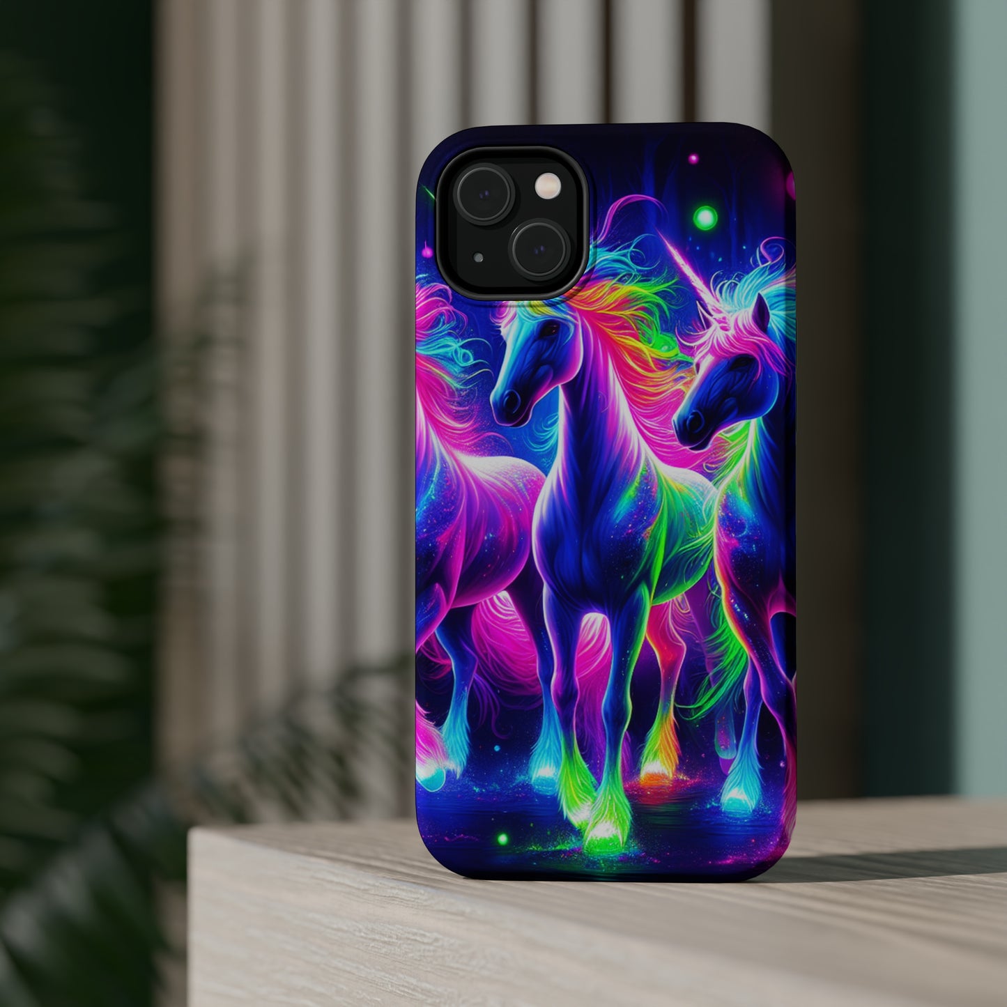 "Uni-Neon Fantasy" Neon Unicorns Premium Art Magsafe Magnet Tough IPhone 13 14 15 Pro Plus Max and Mini in Matte and Glossy Phone cases