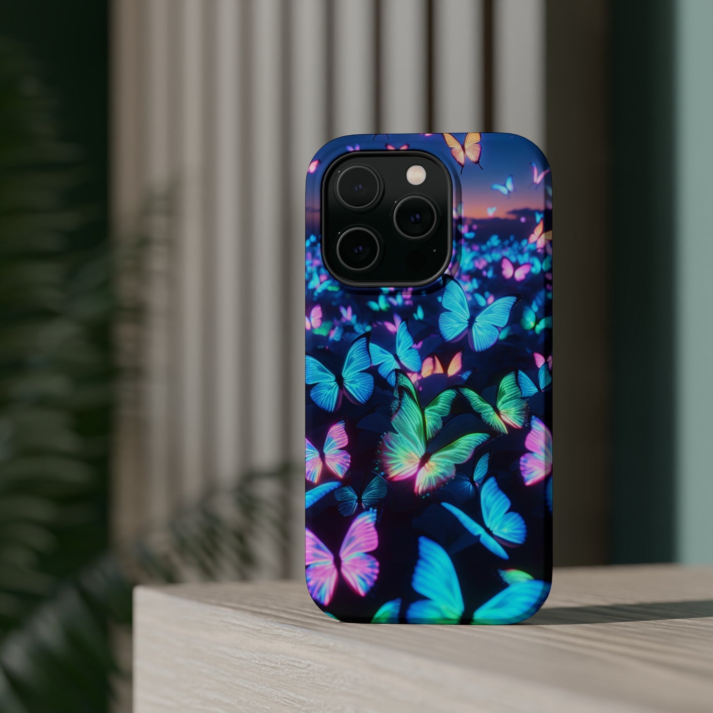 "Fantasia of Neon Butterflies" Neon Butterflies Premium Art Magsafe Magnet Tough IPhone 13 14 15 Pro Plus Max and Mini in Matte and Glossy Phone cases