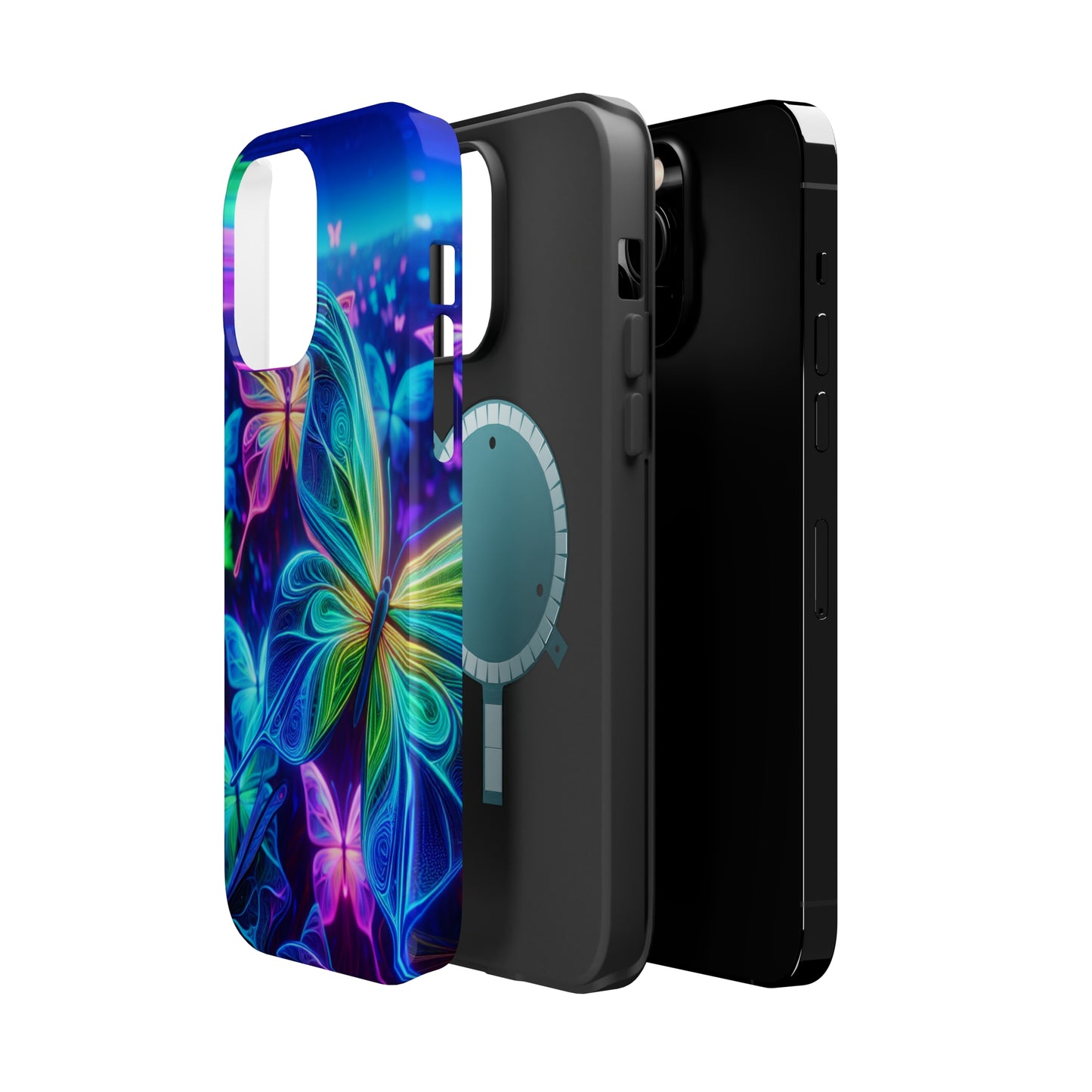 'Serene Spectacle of Neon Butterflies' Neon Butterflies Premium Art Magsafe Magnet Tough IPhone 13 14 15 Pro Plus Max and Mini in Matte and Glossy Phone cases