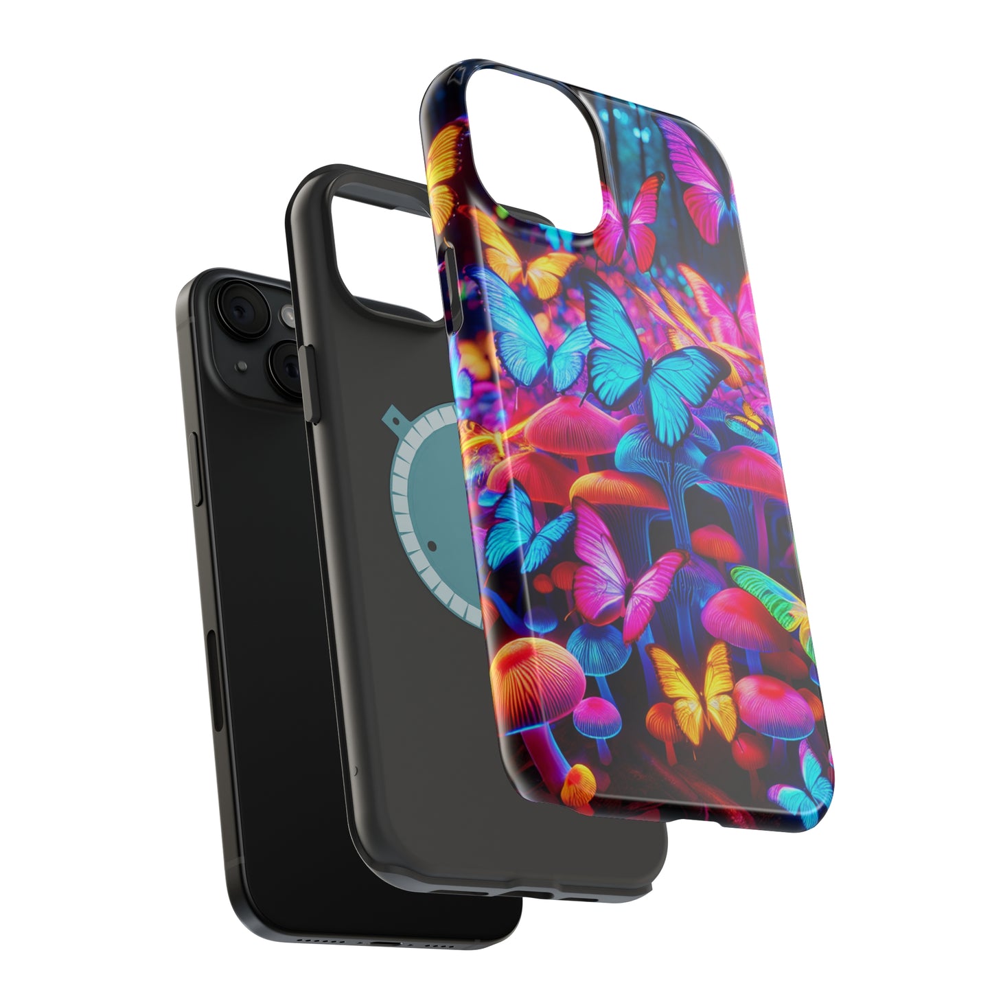 "Neon Tie-Dye Garden" Neon Butterflies and Mushrooms Premium Art Magsafe Magnet Tough IPhone 13 14 15 Pro Plus Max and Mini in Matte and Glossy Phone cases
