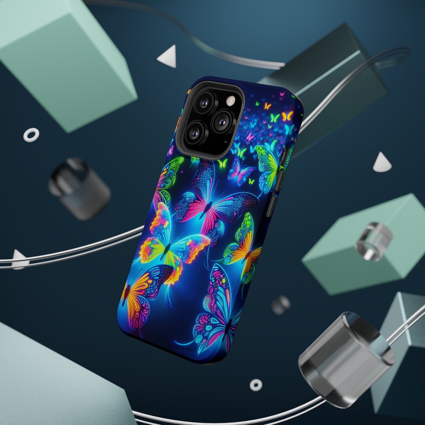 "Atmospheric Fluorescence" Neon Butterflies Premium Art Magsafe Magnet Tough IPhone 13 14 15 Pro Plus Max and Mini in Matte and Glossy Phone cases