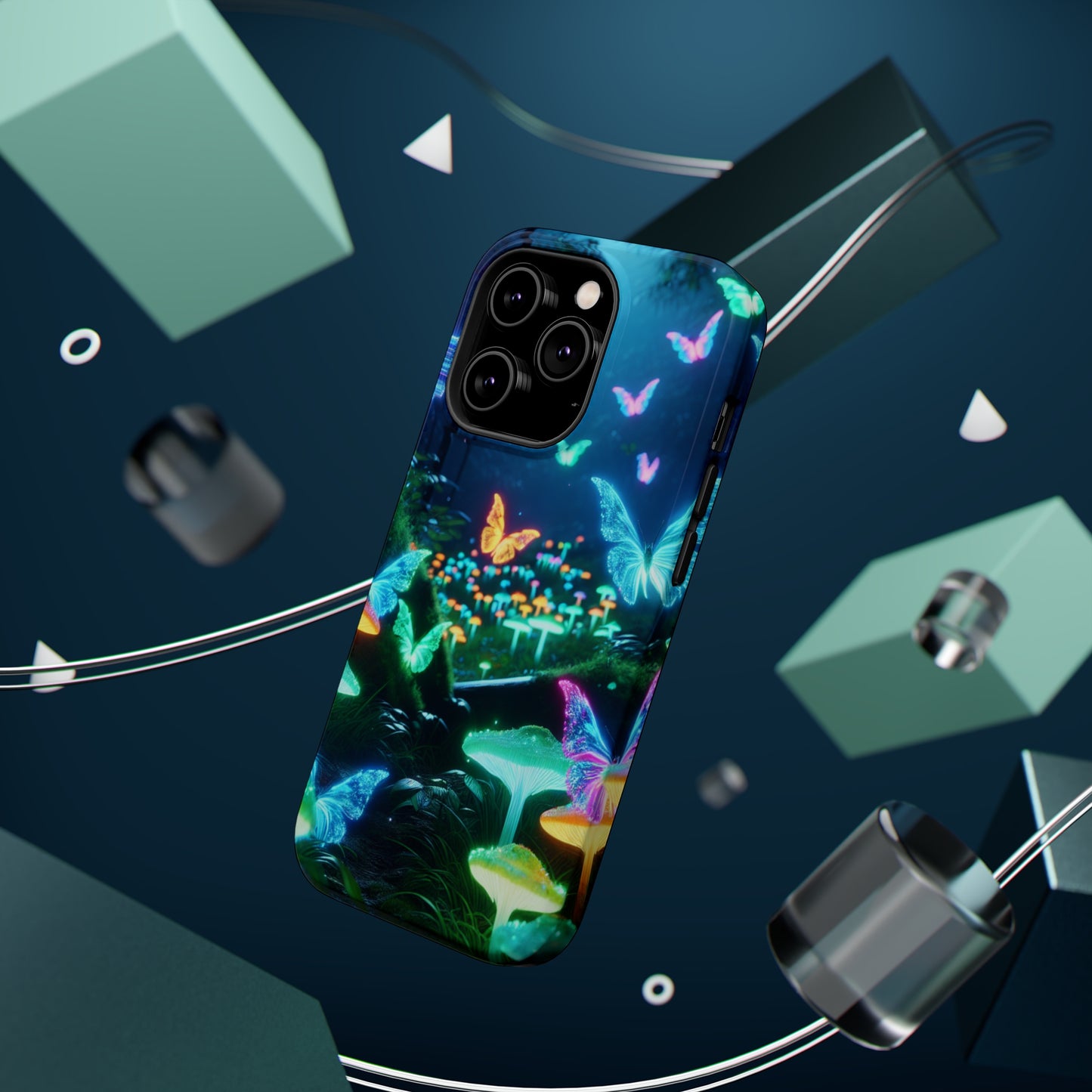"Neon Meadow" Neon Butterflies and Mushrooms Premium Art Magsafe Magnet Tough IPhone 13 14 15 Pro Plus Max and Mini in Matte and Glossy Phone cases