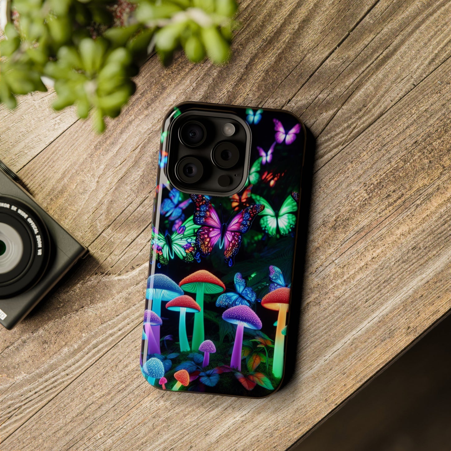 "Neon Burst Wonderland". Neon Butterflies and Mushrooms Premium Art Magsafe Magnet Tough IPhone 13 14 15 Pro Plus Max and Mini in Matte and Glossy Phone cases