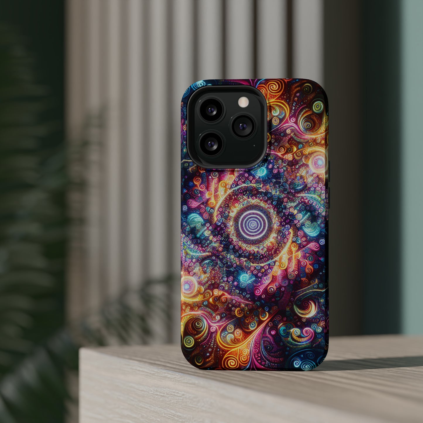 Cosmic Chromatic Mirage. Neon Trippy Infinity Patterns Premium Art Magsafe Magnet Tough IPhone 13 14 15 Pro Plus Max and Mini in Matte and Glossy Phone cases