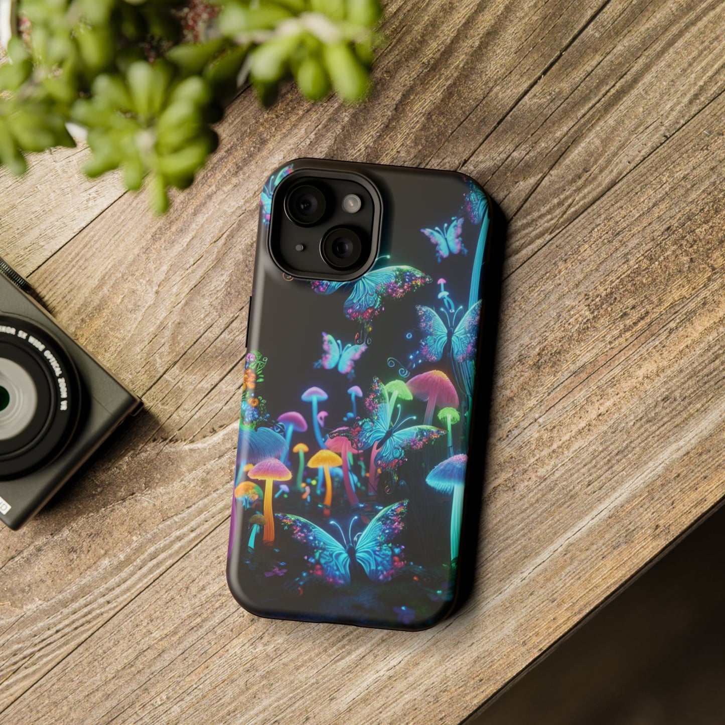 "Neon Dreamscape" Neon Butterflies and Mushrooms Premium Art Magsafe Magnet Tough IPhone 13 14 15 Pro Plus Max and Mini in Matte and Glossy Phone cases