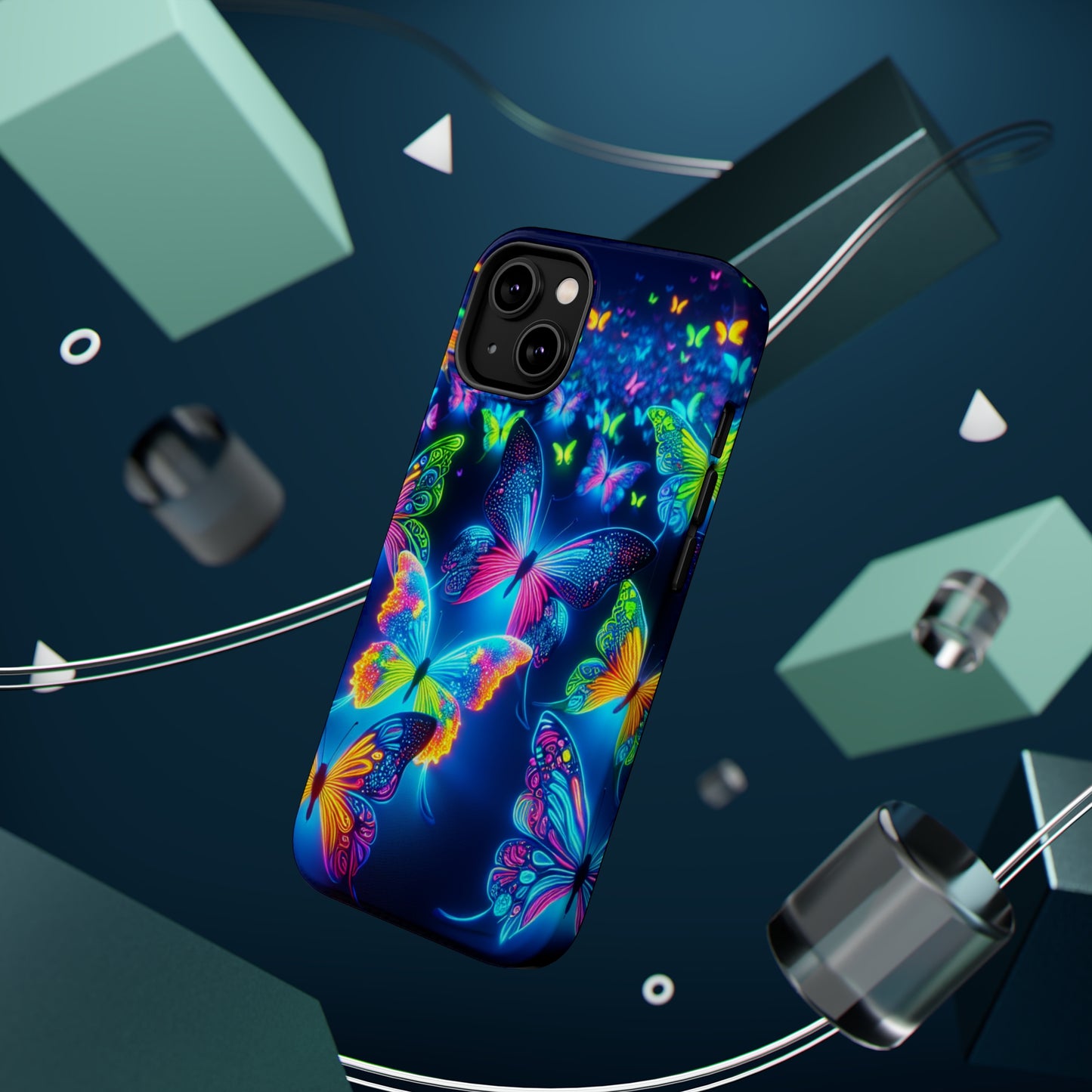 "Atmospheric Fluorescence" Neon Butterflies Premium Art Magsafe Magnet Tough IPhone 13 14 15 Pro Plus Max and Mini in Matte and Glossy Phone cases