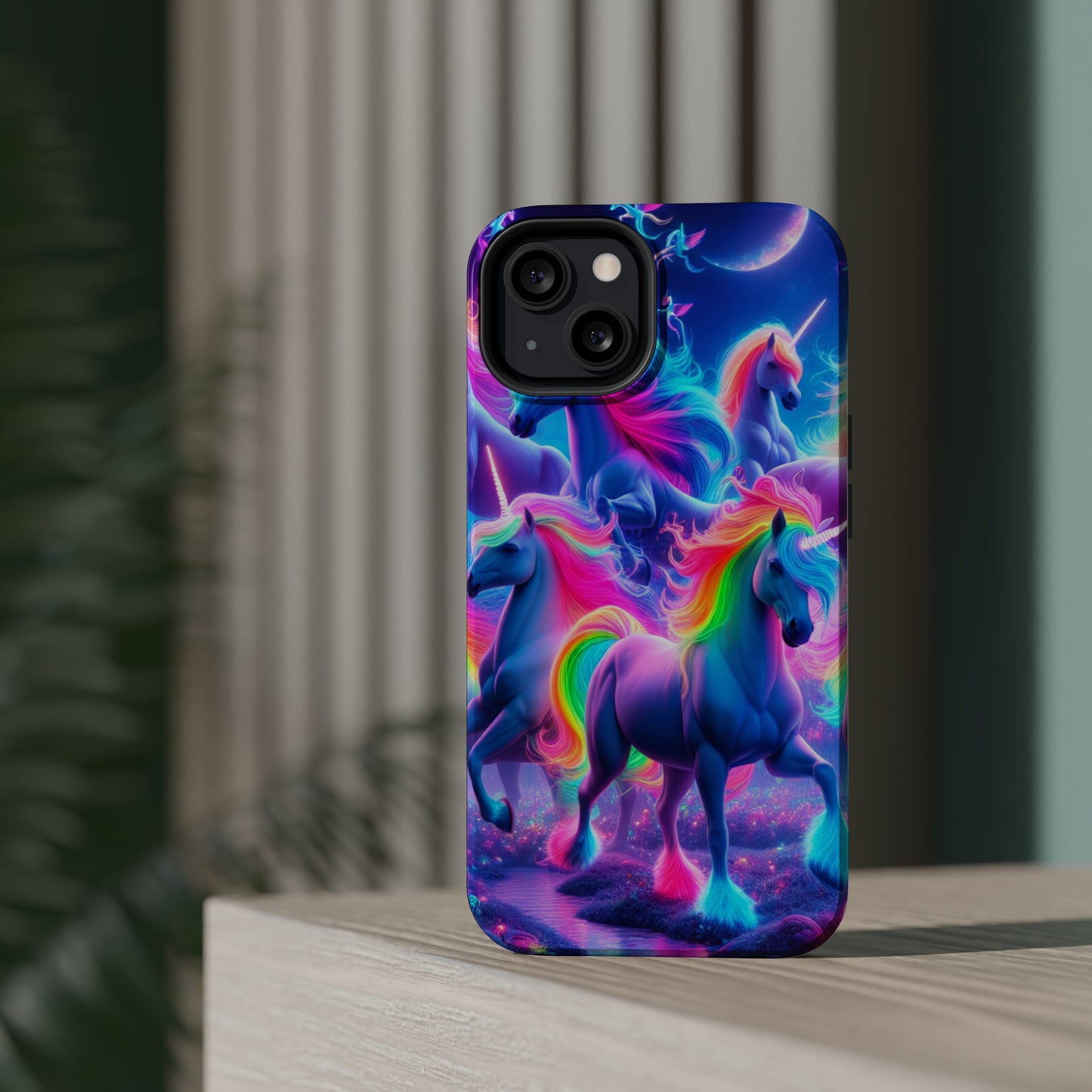 "Unicorn Prism" Neon Unicorns Premium Art Magsafe Magnet Tough IPhone 13 14 15 Pro Plus Max and Mini in Matte and Glossy Phone cases