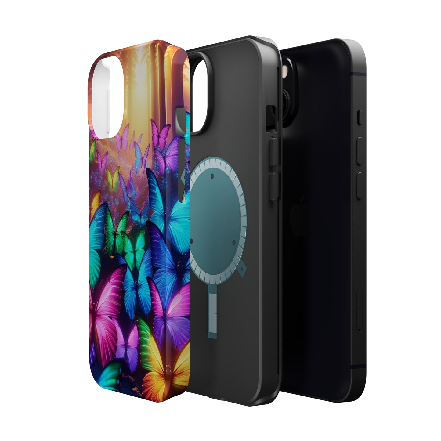 "Radiant Glowing Flight" Neon Butterflies Premium Art Magsafe Magnet Tough IPhone 13 14 15 Pro Plus Max and Mini in Matte and Glossy Phone cases