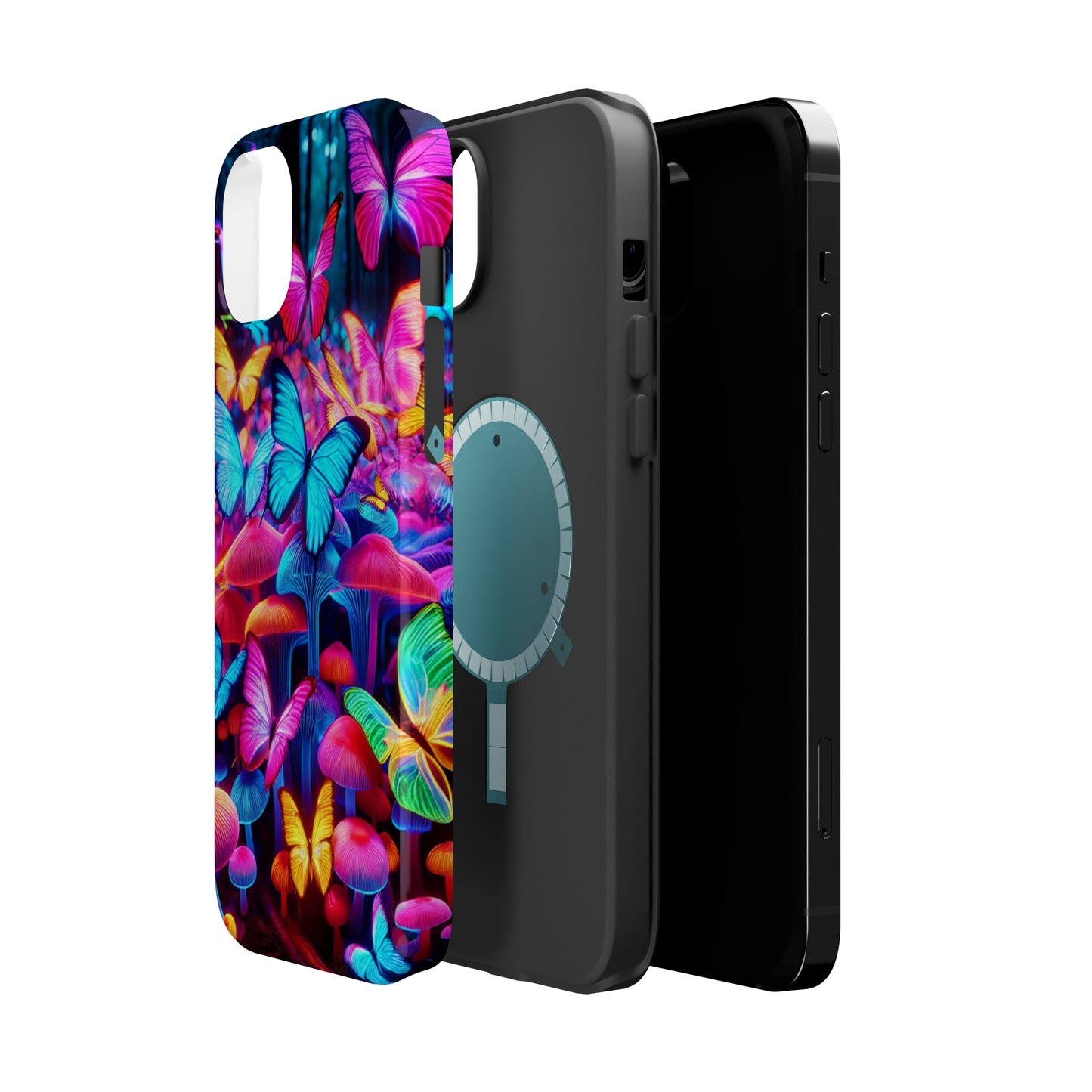 "Neon Tie-Dye Garden" Neon Butterflies and Mushrooms Premium Art Magsafe Magnet Tough IPhone 13 14 15 Pro Plus Max and Mini in Matte and Glossy Phone cases