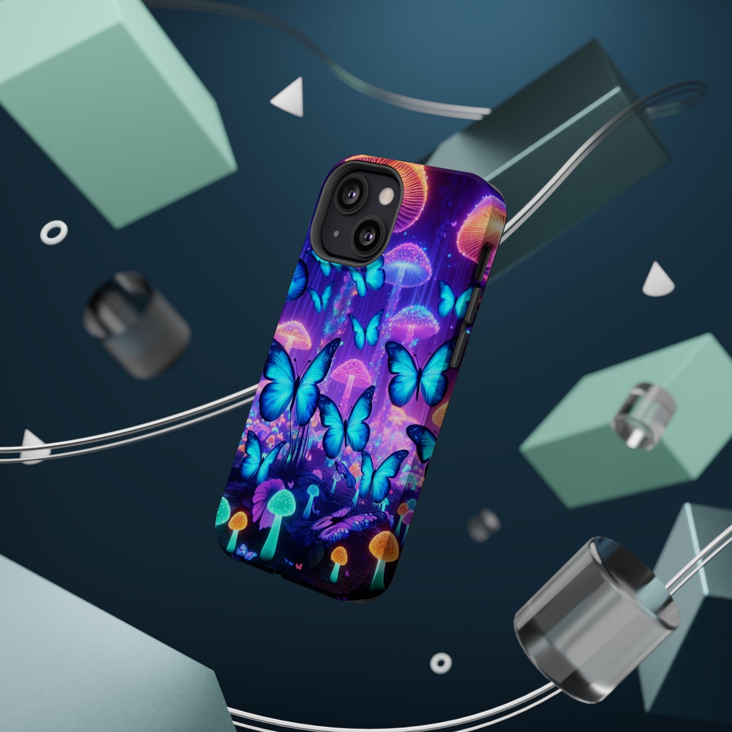 Neon Delight Landscape Neon Butterflies and Mushrooms Premium Art Magsafe Magnet Tough IPhone 13 14 15 Pro Plus Max and Mini in Matte and Glossy Phone cases
