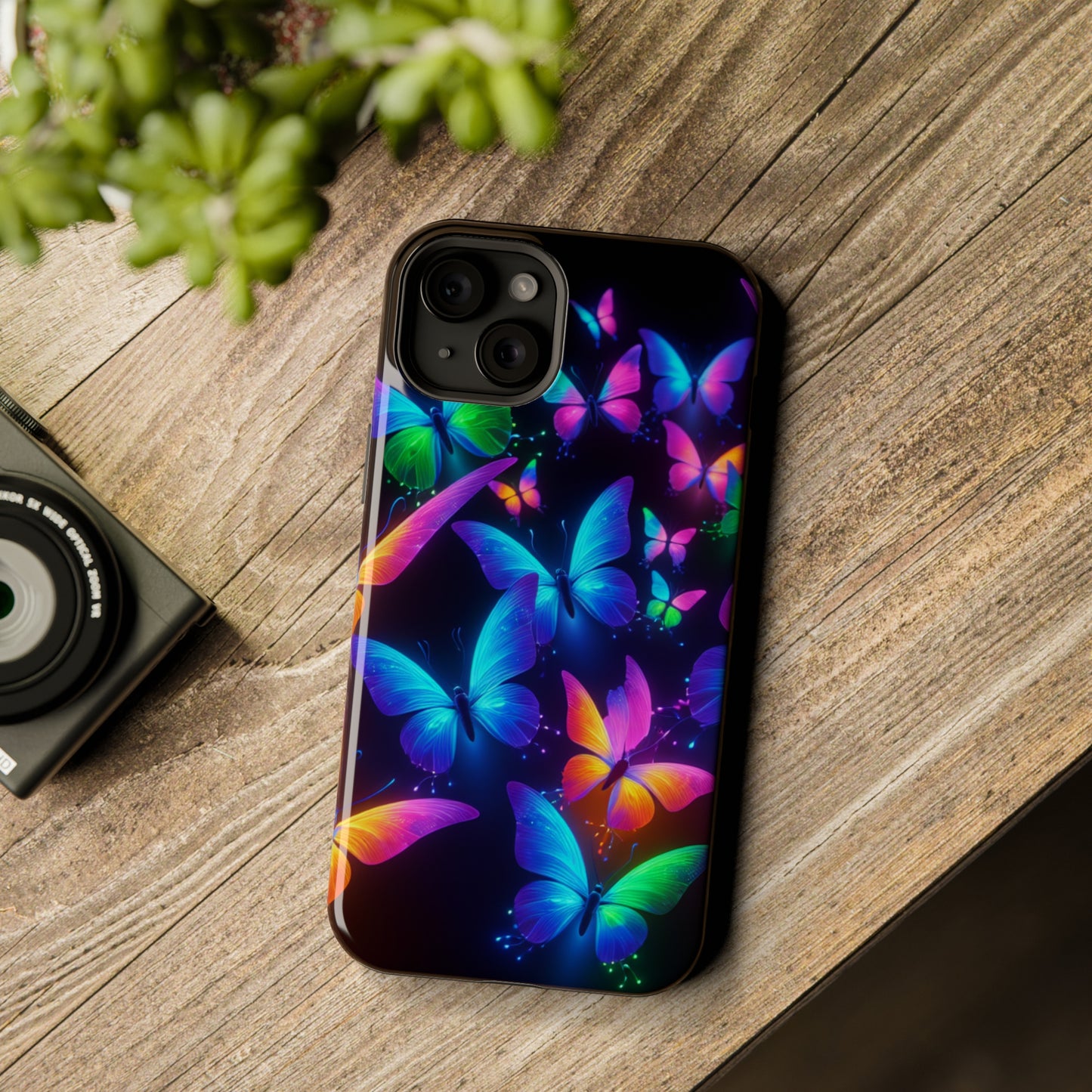 "Vibrant Neon Flutter" Neon Butterflies Premium Art Magsafe Magnet Tough IPhone 13 14 15 Pro Plus Max and Mini in Matte and Glossy Phone cases