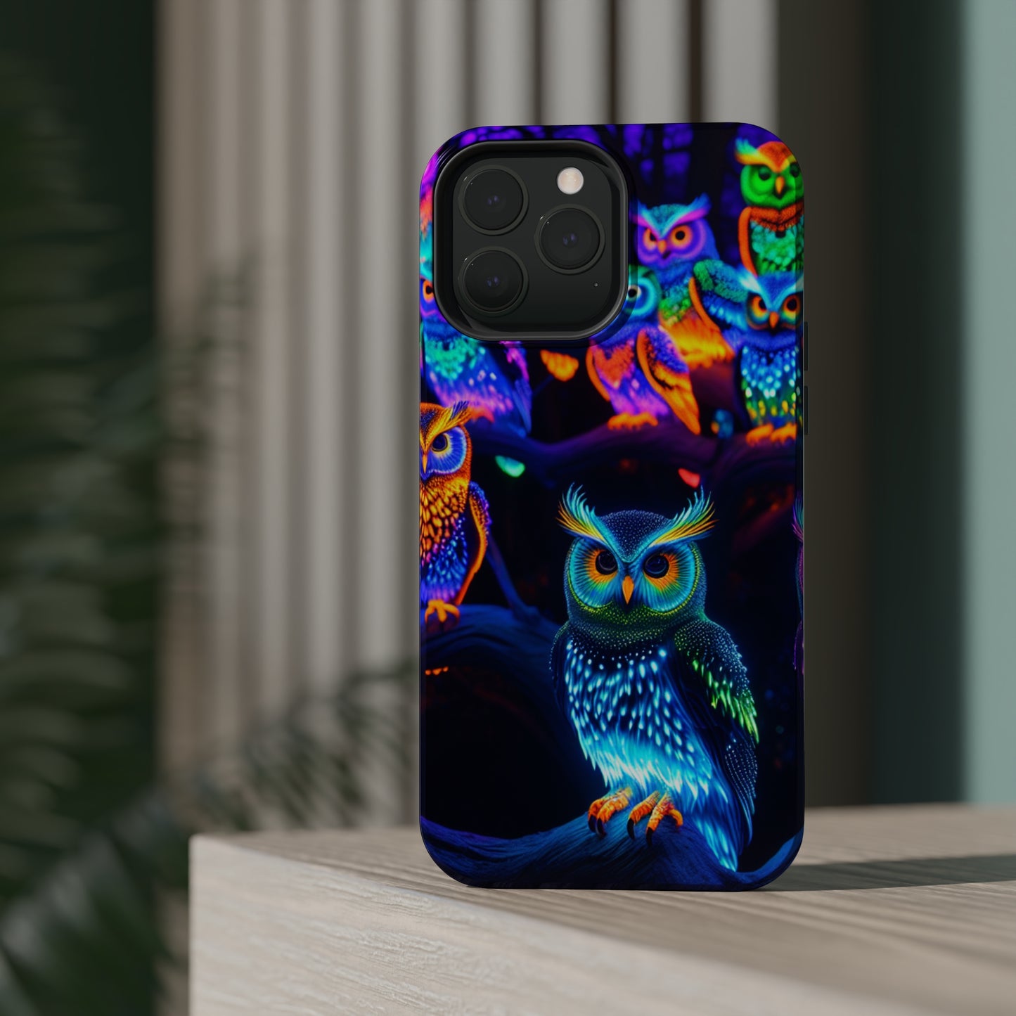 Glowing Neon Clan. Neon Owls Premium Art Magsafe Magnet Tough IPhone 13 14 15 Pro Plus Max and Mini in Matte and Glossy Phone cases