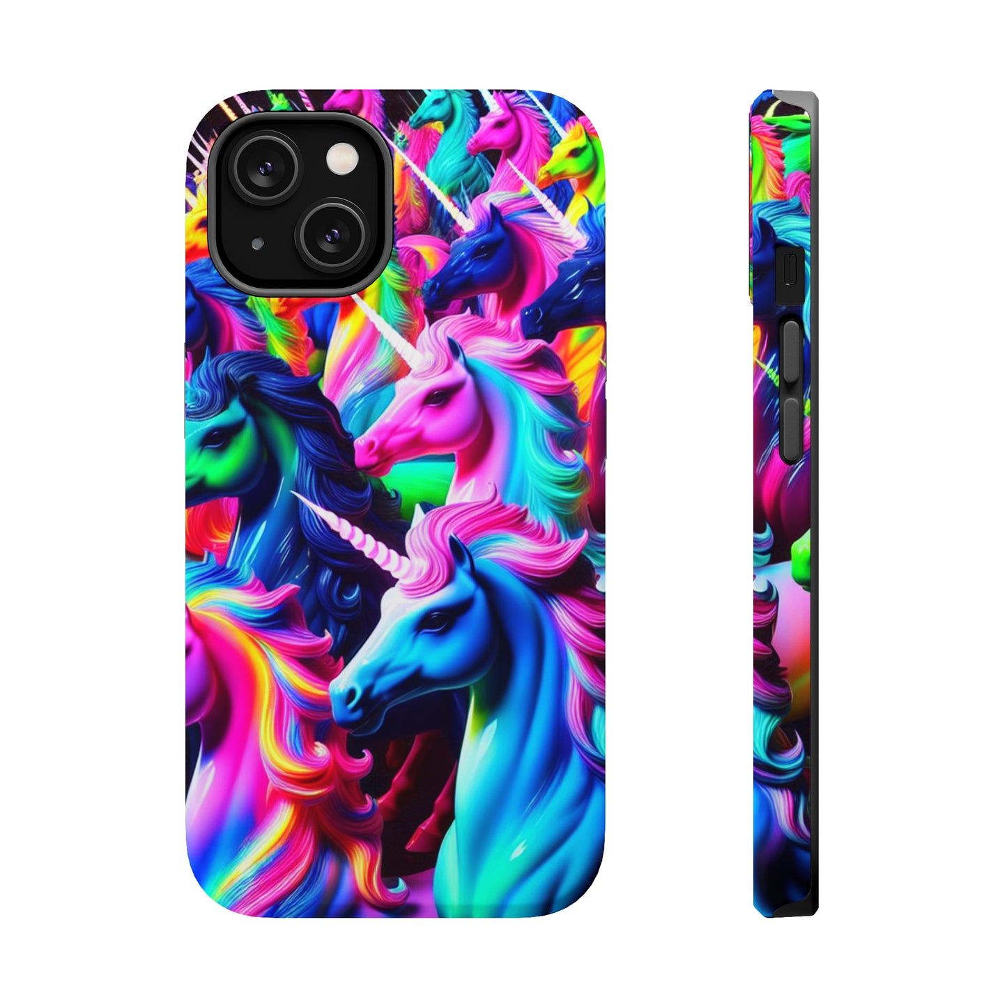 "Neon Illumination" Neon Unicorns Premium Art Magsafe Magnet Tough IPhone 13 14 15 Pro Plus Max and Mini in Matte and Glossy Phone cases