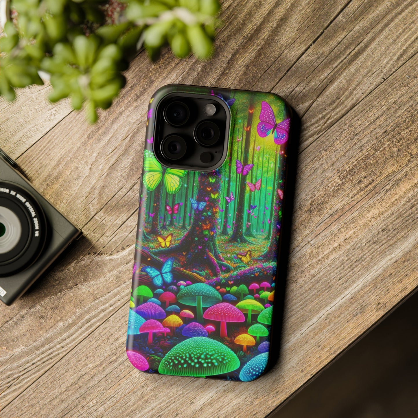 "Neon Garden Symphony". Neon Butterflies and Mushrooms Premium Art Magsafe Magnet Tough IPhone 13 14 15 Pro Plus Max and Mini in Matte and Glossy Phone cases