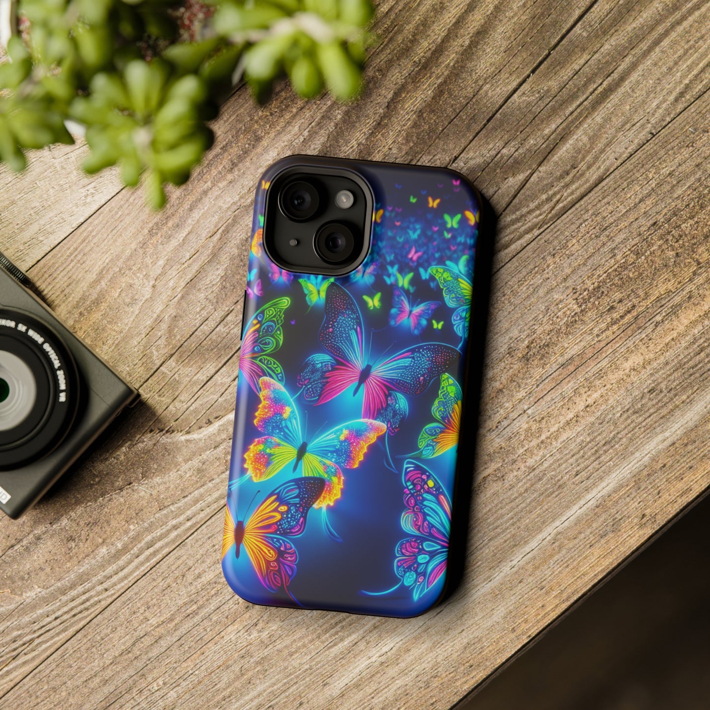 "Atmospheric Fluorescence" Neon Butterflies Premium Art Magsafe Magnet Tough IPhone 13 14 15 Pro Plus Max and Mini in Matte and Glossy Phone cases