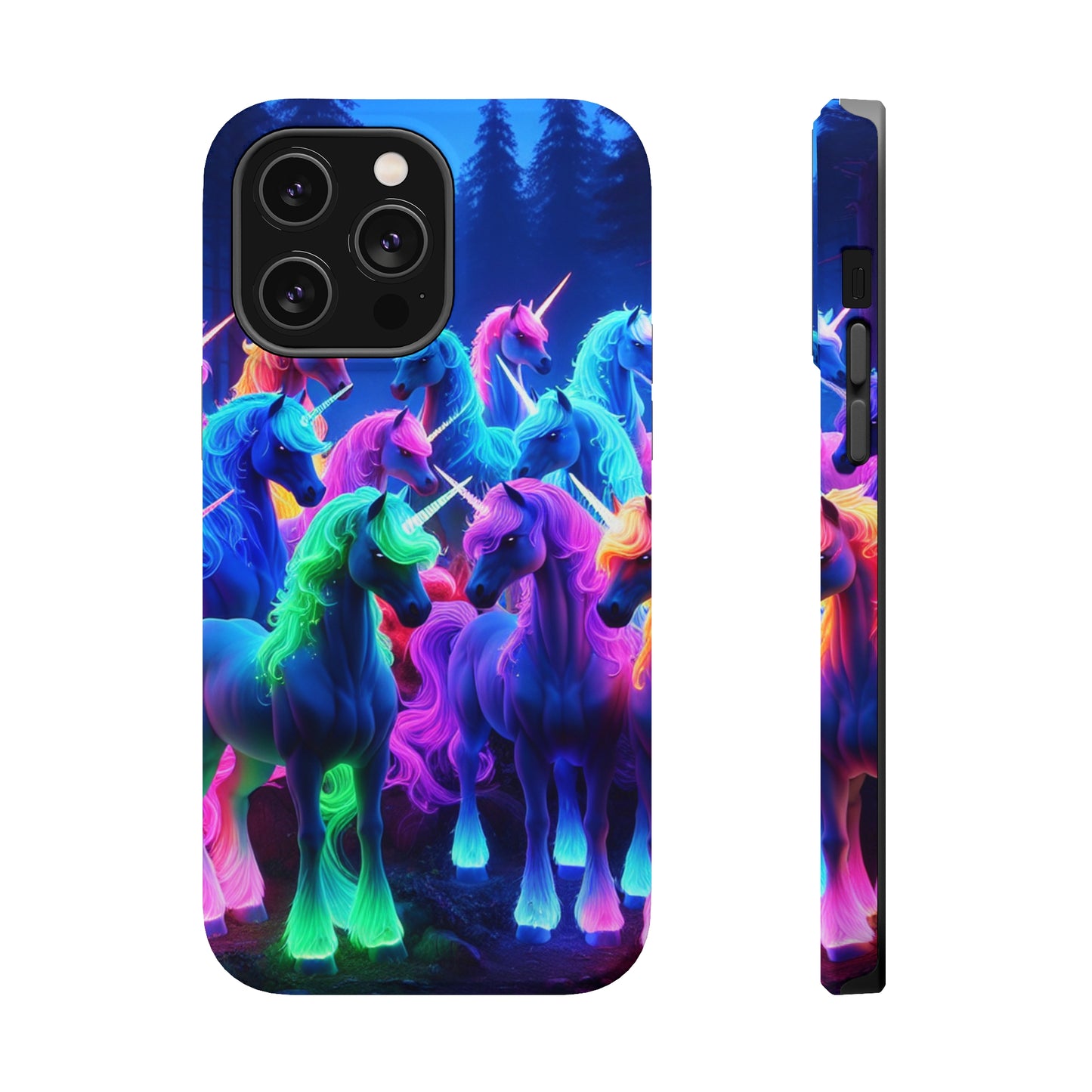 "Neon Fantasyland" Neon Unicorns Premium Art Magsafe Magnet Tough IPhone 13 14 15 Pro Plus Max and Mini in Matte and Glossy Phone cases