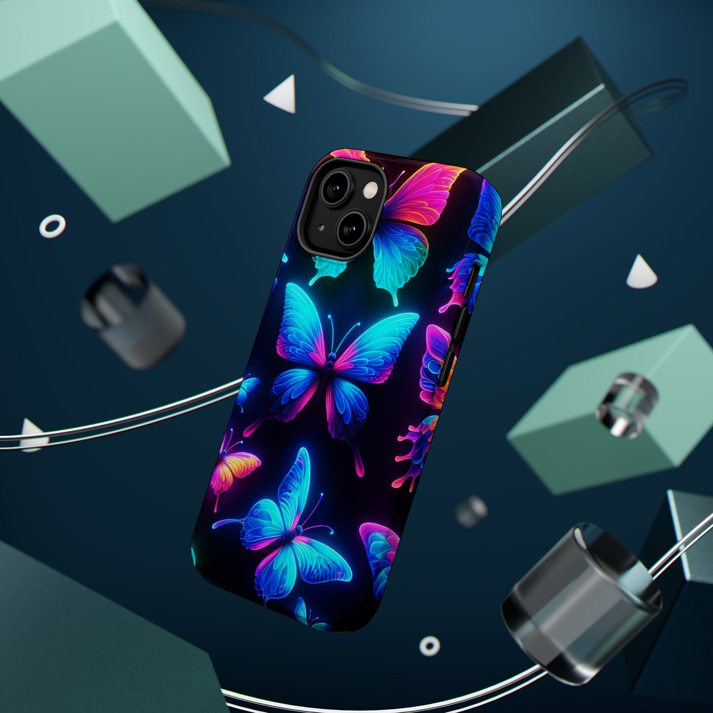 "Neon Flight Frenzy" Neon Butterflies Premium Art Magsafe Magnet Tough IPhone 13 14 15 Pro Plus Max and Mini in Matte and Glossy Phone cases