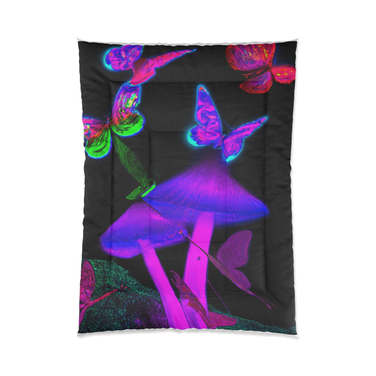 "Neon Funshine Garden". Butterflies & Mushrooms Comforter Blanket