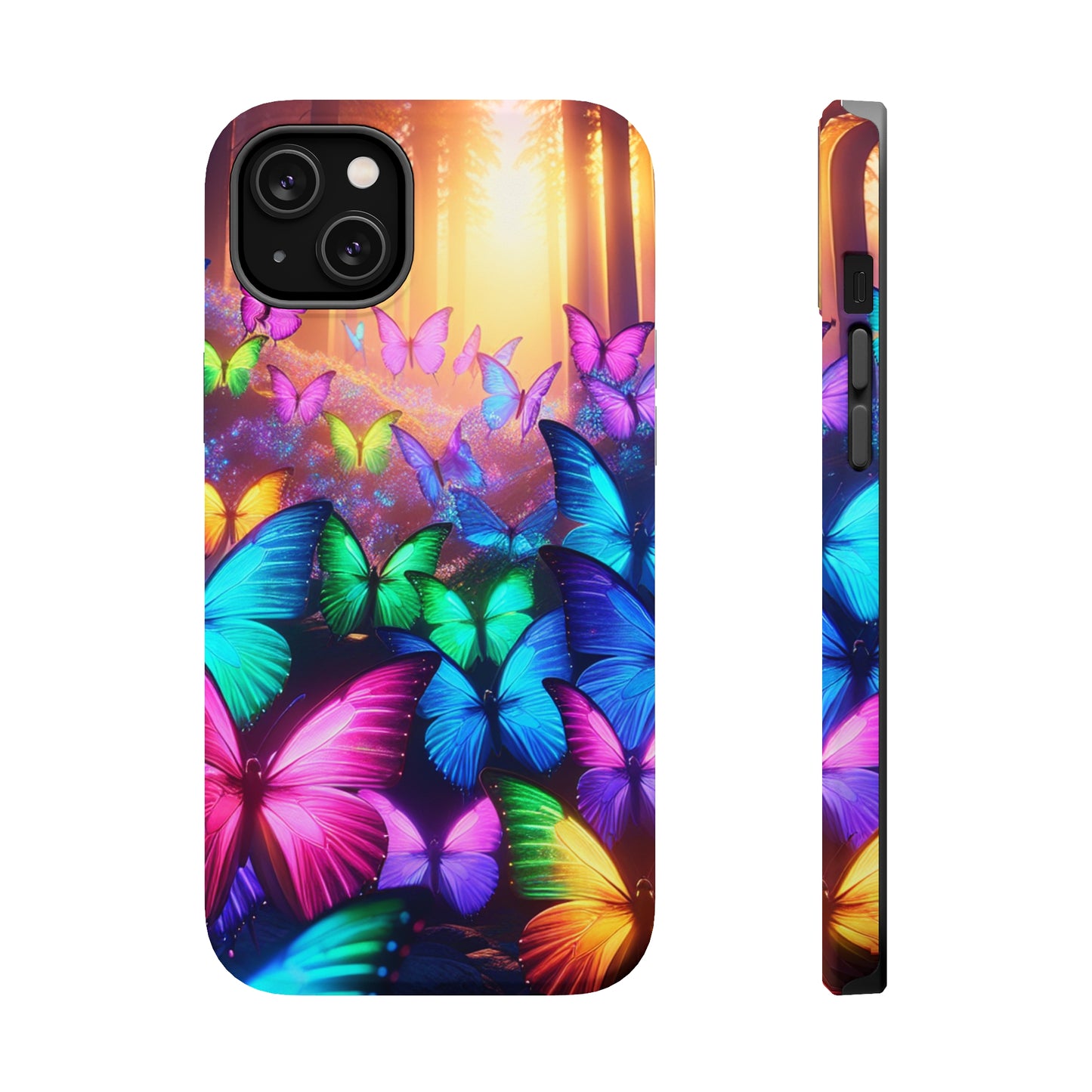 "Radiant Glowing Flight" Neon Butterflies Premium Art Magsafe Magnet Tough IPhone 13 14 15 Pro Plus Max and Mini in Matte and Glossy Phone cases
