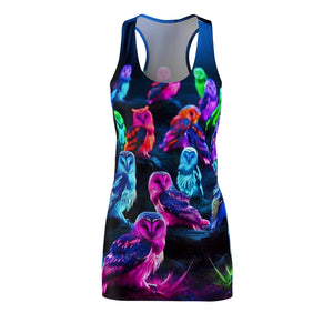 "Neon Nocturnal Owlgathering" Neon Owls Racerback Dress
