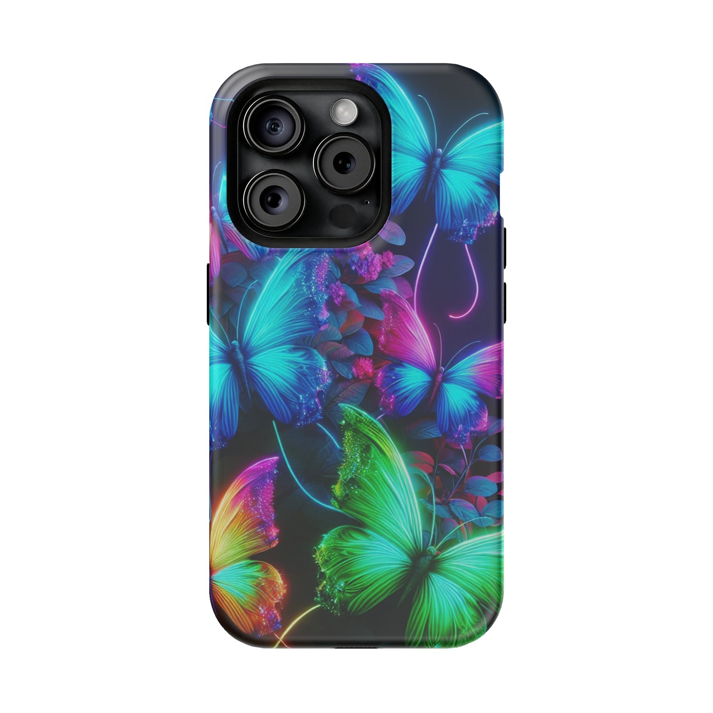 Neon Flutter Symphony Neon Butterflies Premium Art Magsafe Magnet Tough IPhone 13 14 15 Pro Plus Max and Mini in Matte and Glossy Phone cases