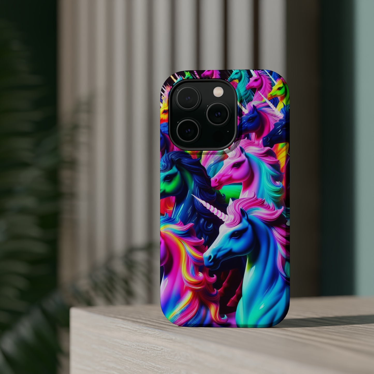 "Neon Illumination" Neon Unicorns Premium Art Magsafe Magnet Tough IPhone 13 14 15 Pro Plus Max and Mini in Matte and Glossy Phone cases
