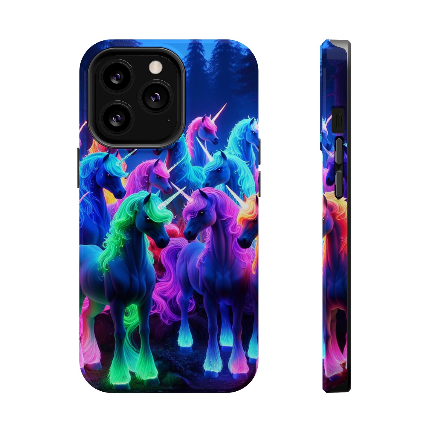"Neon Fantasyland" Neon Unicorns Premium Art Magsafe Magnet Tough IPhone 13 14 15 Pro Plus Max and Mini in Matte and Glossy Phone cases