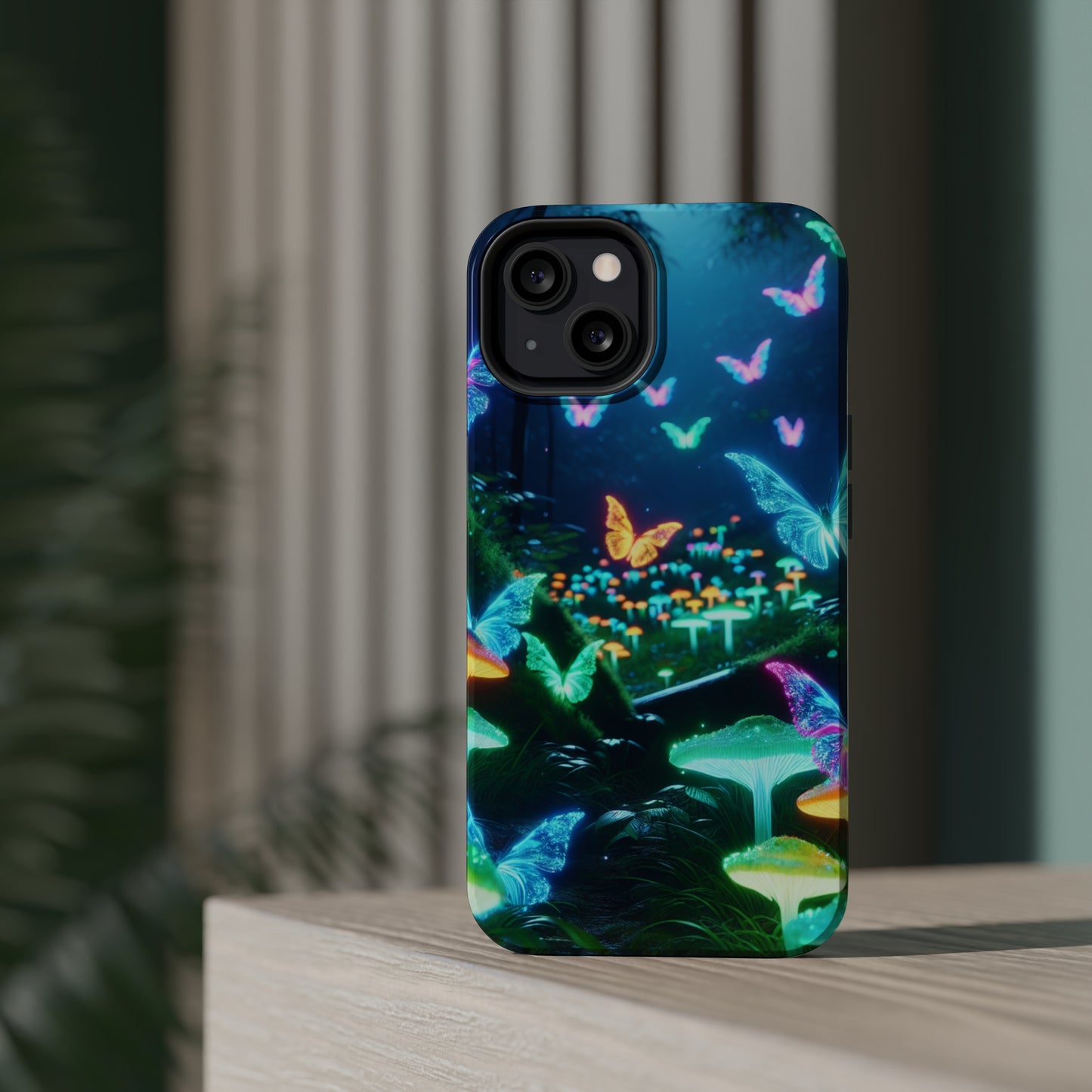 "Neon Meadow" Neon Butterflies and Mushrooms Premium Art Magsafe Magnet Tough IPhone 13 14 15 Pro Plus Max and Mini in Matte and Glossy Phone cases