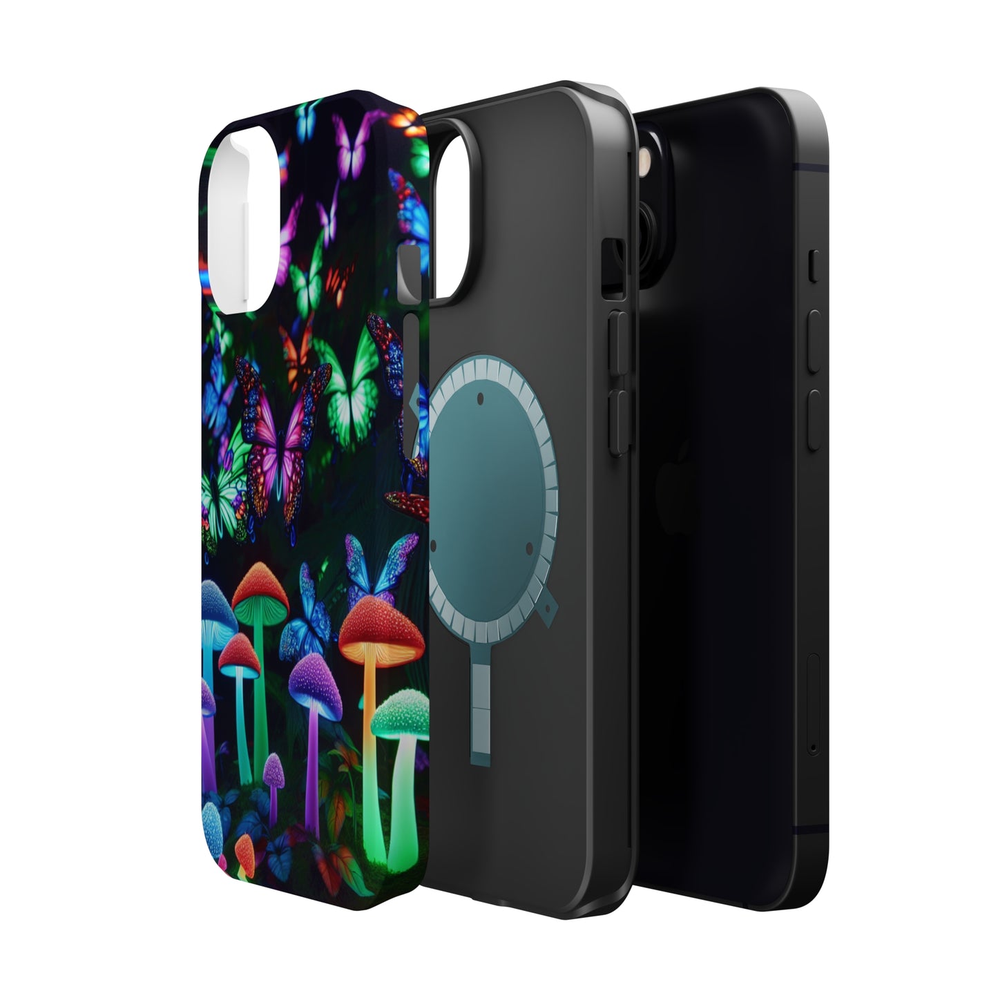 "Neon Burst Wonderland". Neon Butterflies and Mushrooms Premium Art Magsafe Magnet Tough IPhone 13 14 15 Pro Plus Max and Mini in Matte and Glossy Phone cases