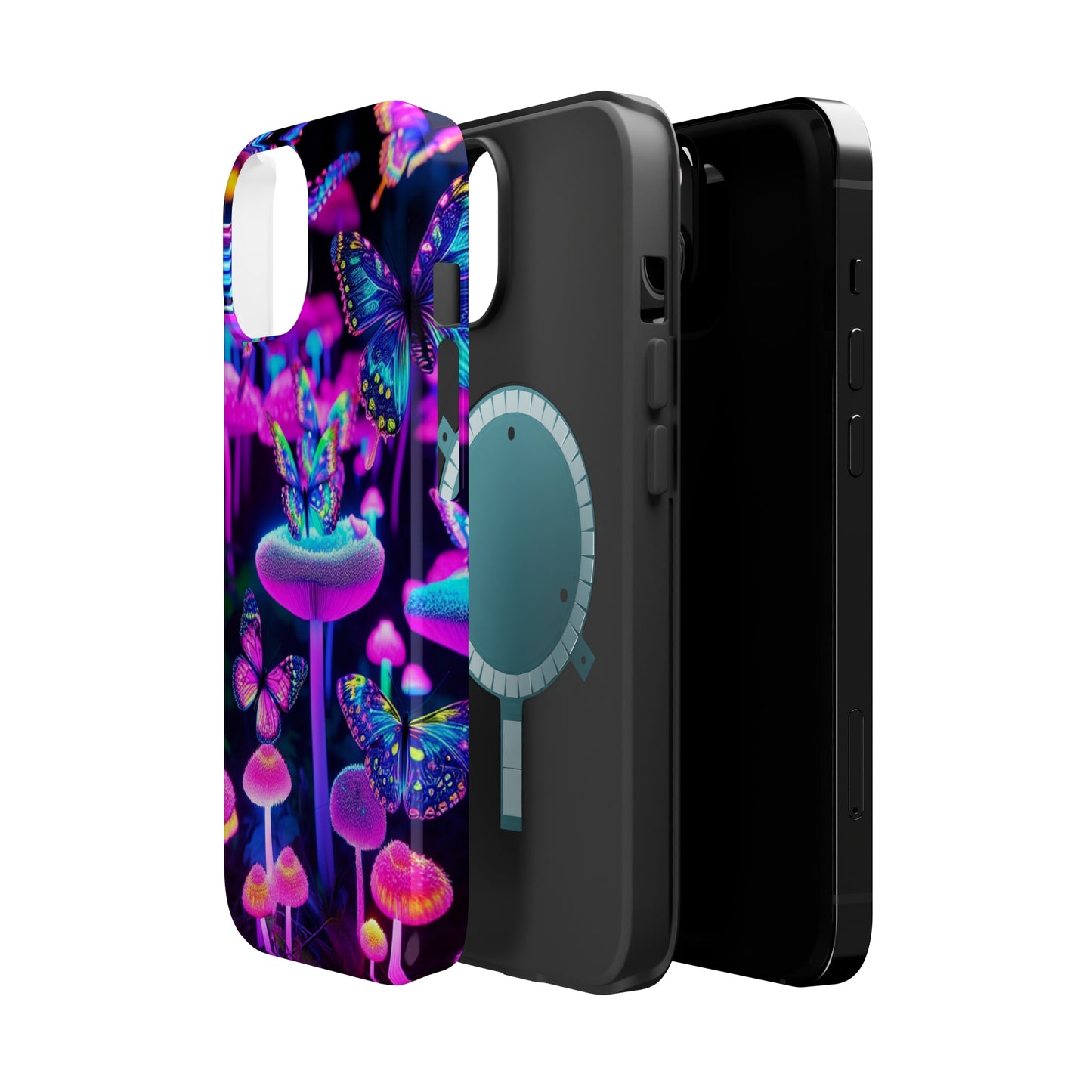 "Neon Gloomsprite Dance" Neon Butterflies and Mushrooms Premium Art Magsafe Magnet Tough IPhone 13 14 15 Pro Plus Max and Mini in Matte and Glossy Phone cases