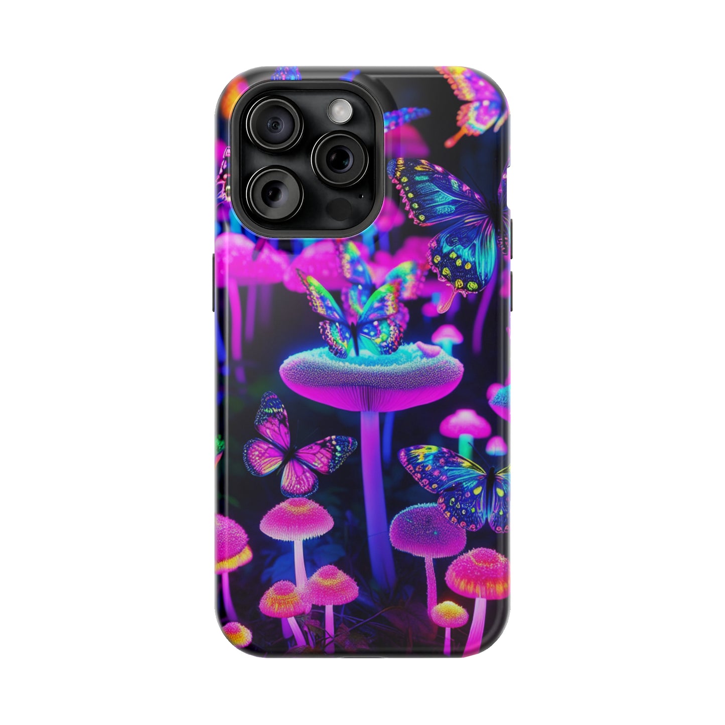 "Neon Gloomsprite Dance" Neon Butterflies and Mushrooms Premium Art Magsafe Magnet Tough IPhone 13 14 15 Pro Plus Max and Mini in Matte and Glossy Phone cases