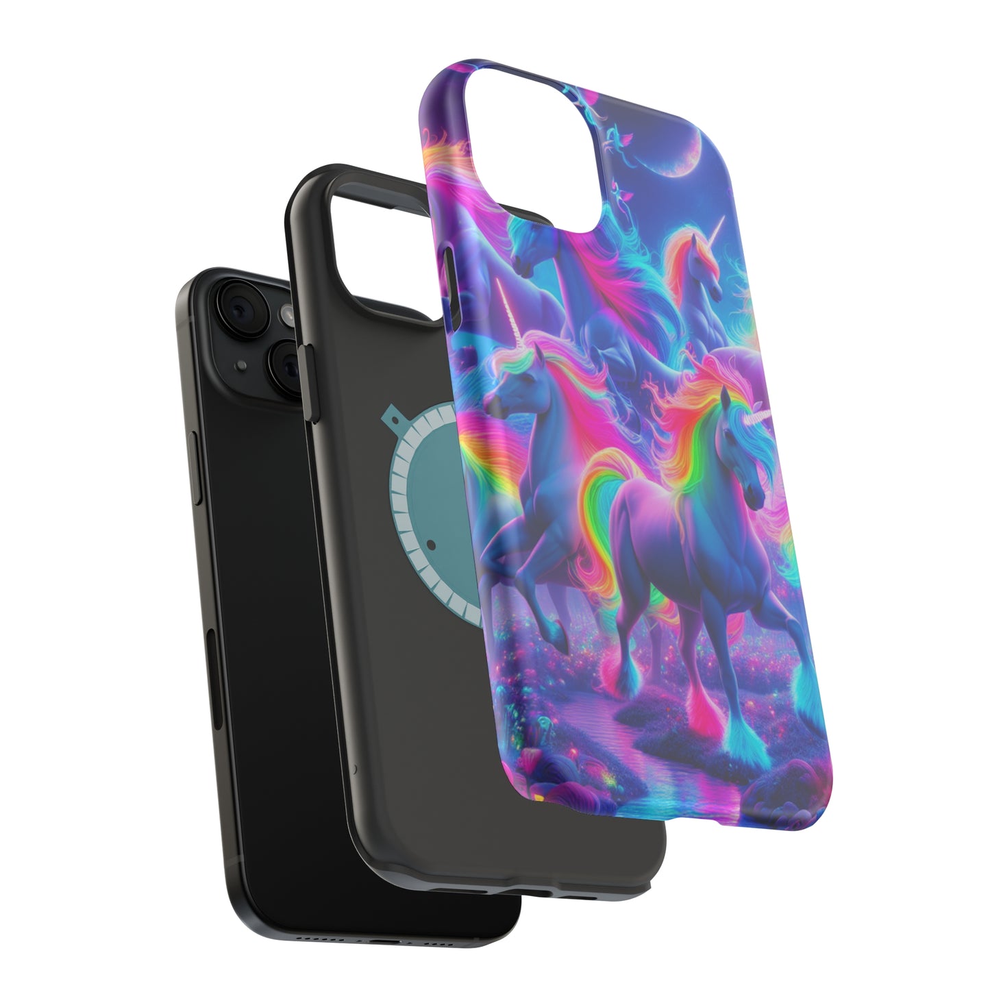"Unicorn Prism" Neon Unicorns Premium Art Magsafe Magnet Tough IPhone 13 14 15 Pro Plus Max and Mini in Matte and Glossy Phone cases