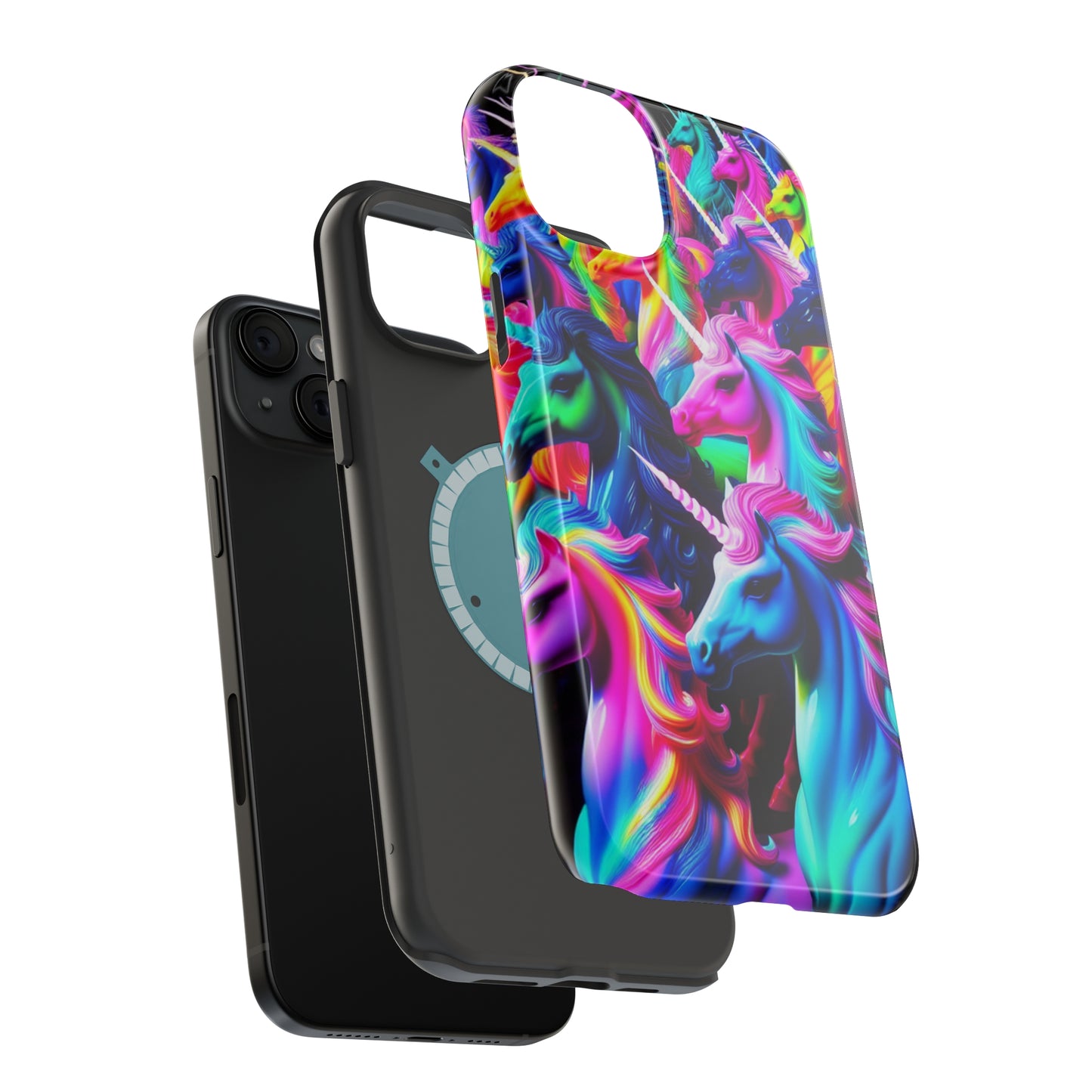 "Neon Illumination" Neon Unicorns Premium Art Magsafe Magnet Tough IPhone 13 14 15 Pro Plus Max and Mini in Matte and Glossy Phone cases