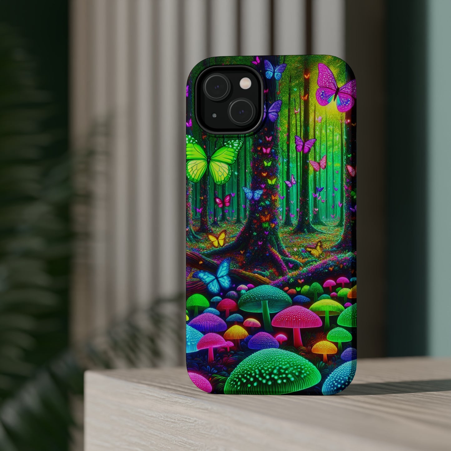 "Neon Garden Symphony". Neon Butterflies and Mushrooms Premium Art Magsafe Magnet Tough IPhone 13 14 15 Pro Plus Max and Mini in Matte and Glossy Phone cases