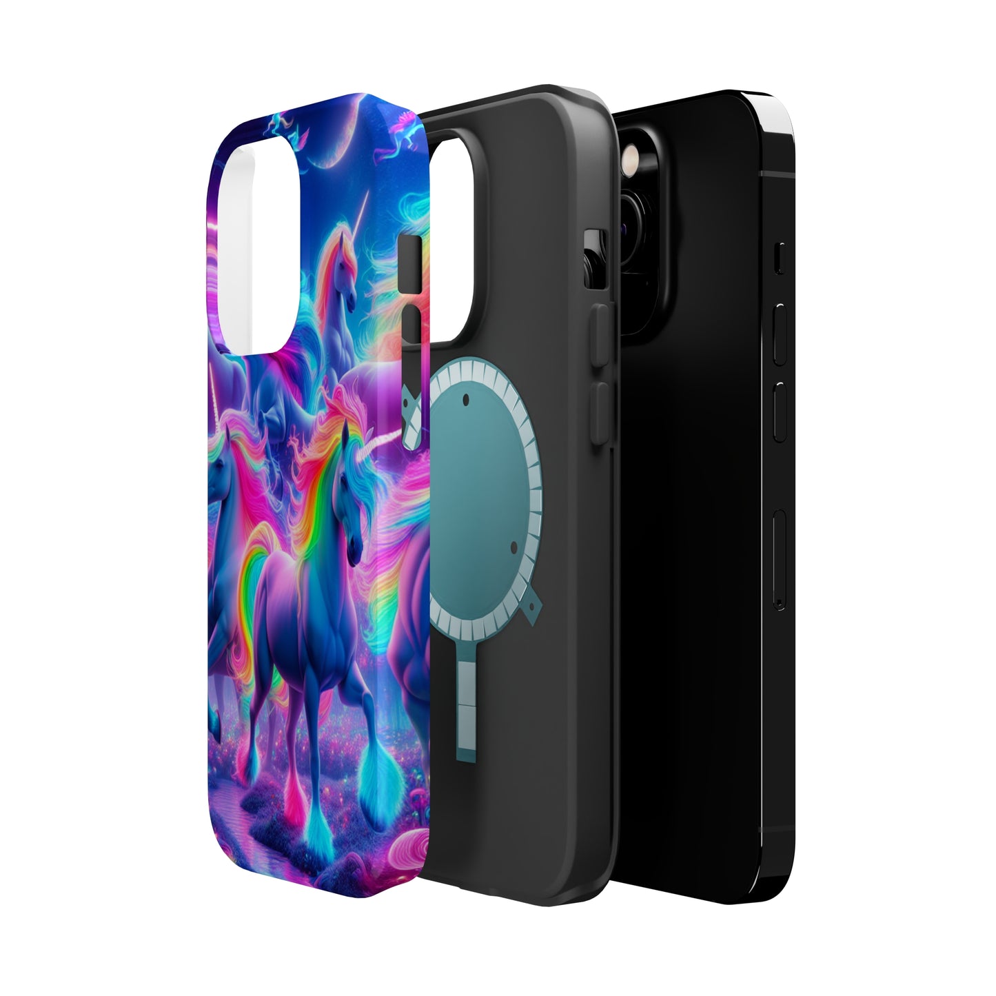 "Unicorn Prism" Neon Unicorns Premium Art Magsafe Magnet Tough IPhone 13 14 15 Pro Plus Max and Mini in Matte and Glossy Phone cases