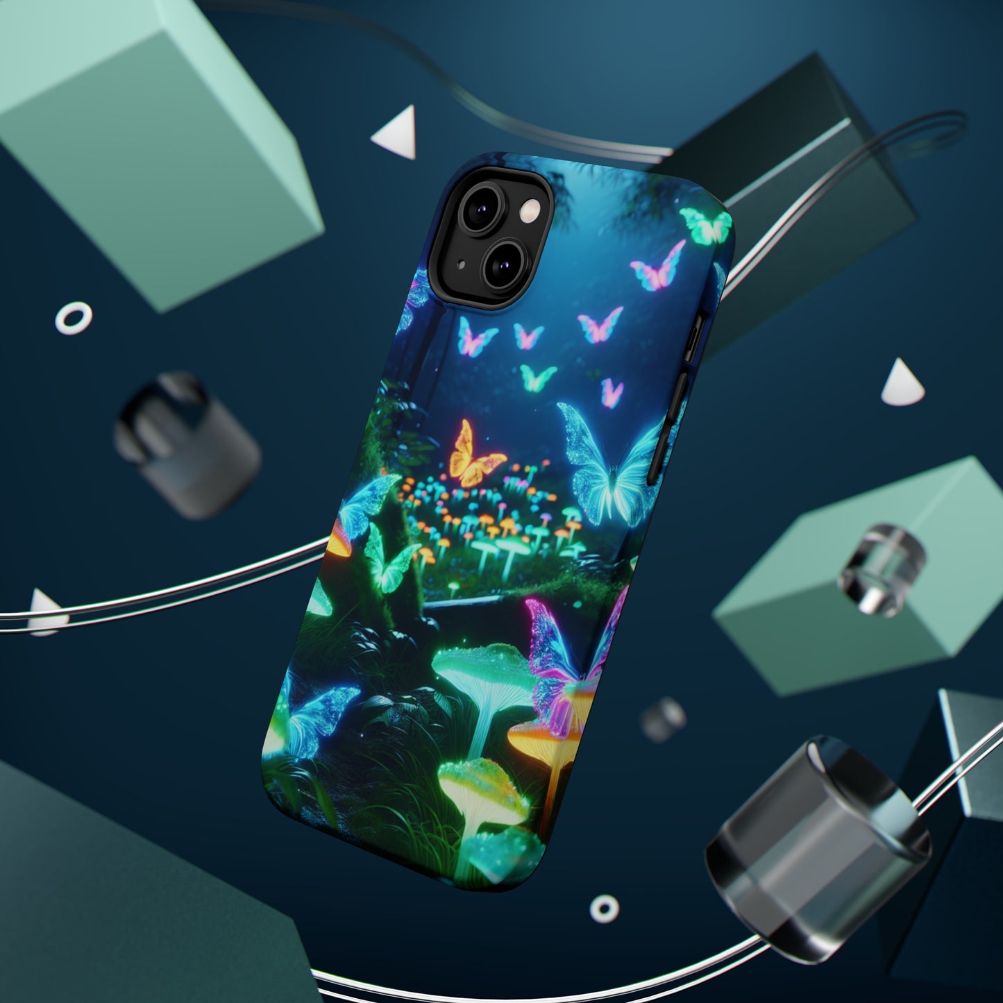 "Neon Meadow" Neon Butterflies and Mushrooms Premium Art Magsafe Magnet Tough IPhone 13 14 15 Pro Plus Max and Mini in Matte and Glossy Phone cases