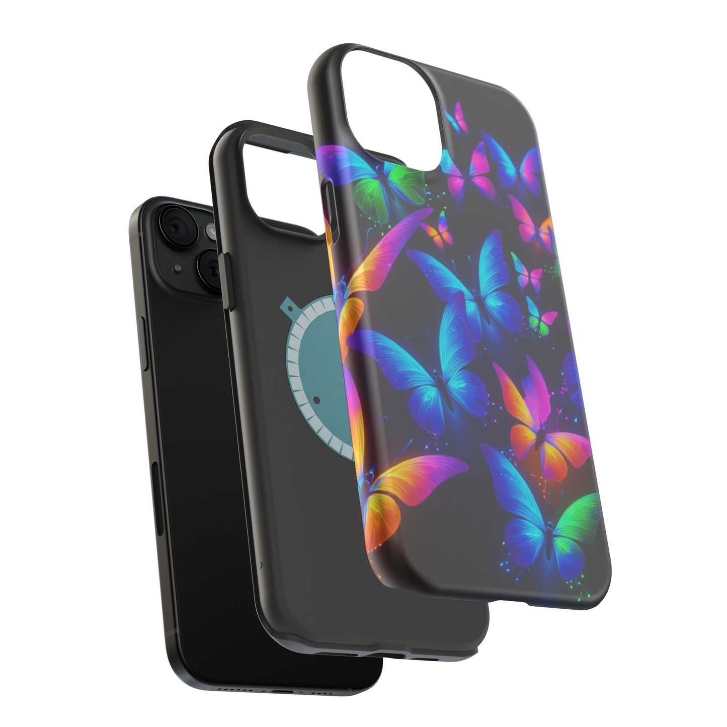 "Vibrant Neon Flutter" Neon Butterflies Premium Art Magsafe Magnet Tough IPhone 13 14 15 Pro Plus Max and Mini in Matte and Glossy Phone cases