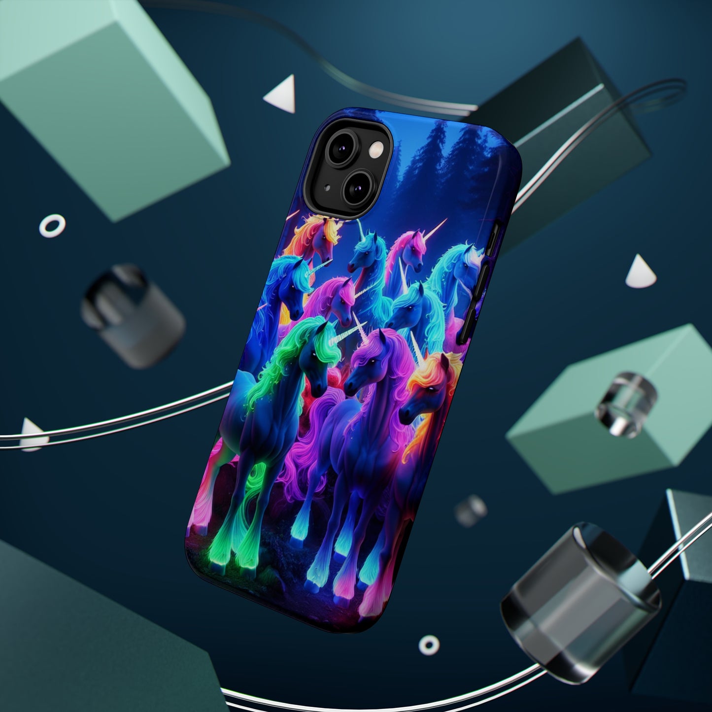 "Neon Fantasyland" Neon Unicorns Premium Art Magsafe Magnet Tough IPhone 13 14 15 Pro Plus Max and Mini in Matte and Glossy Phone cases