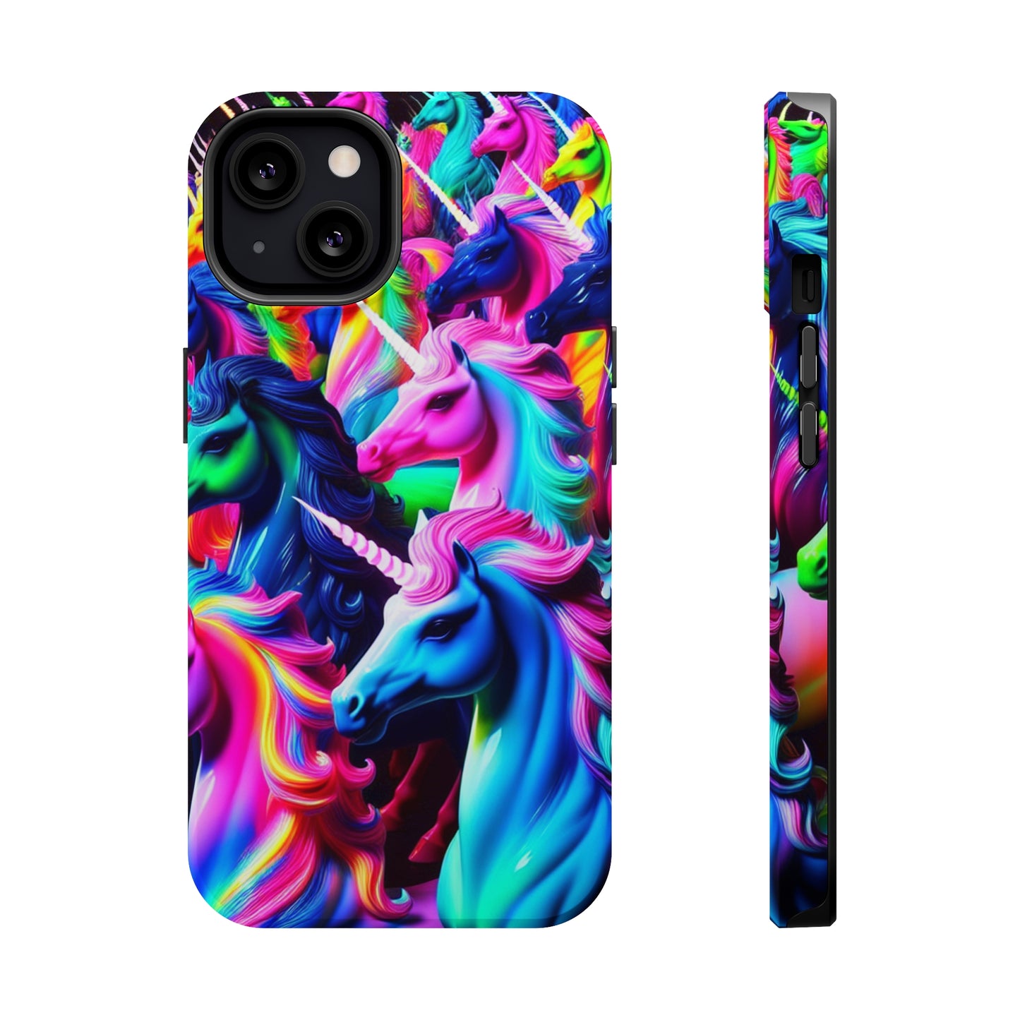 "Neon Illumination" Neon Unicorns Premium Art Magsafe Magnet Tough IPhone 13 14 15 Pro Plus Max and Mini in Matte and Glossy Phone cases