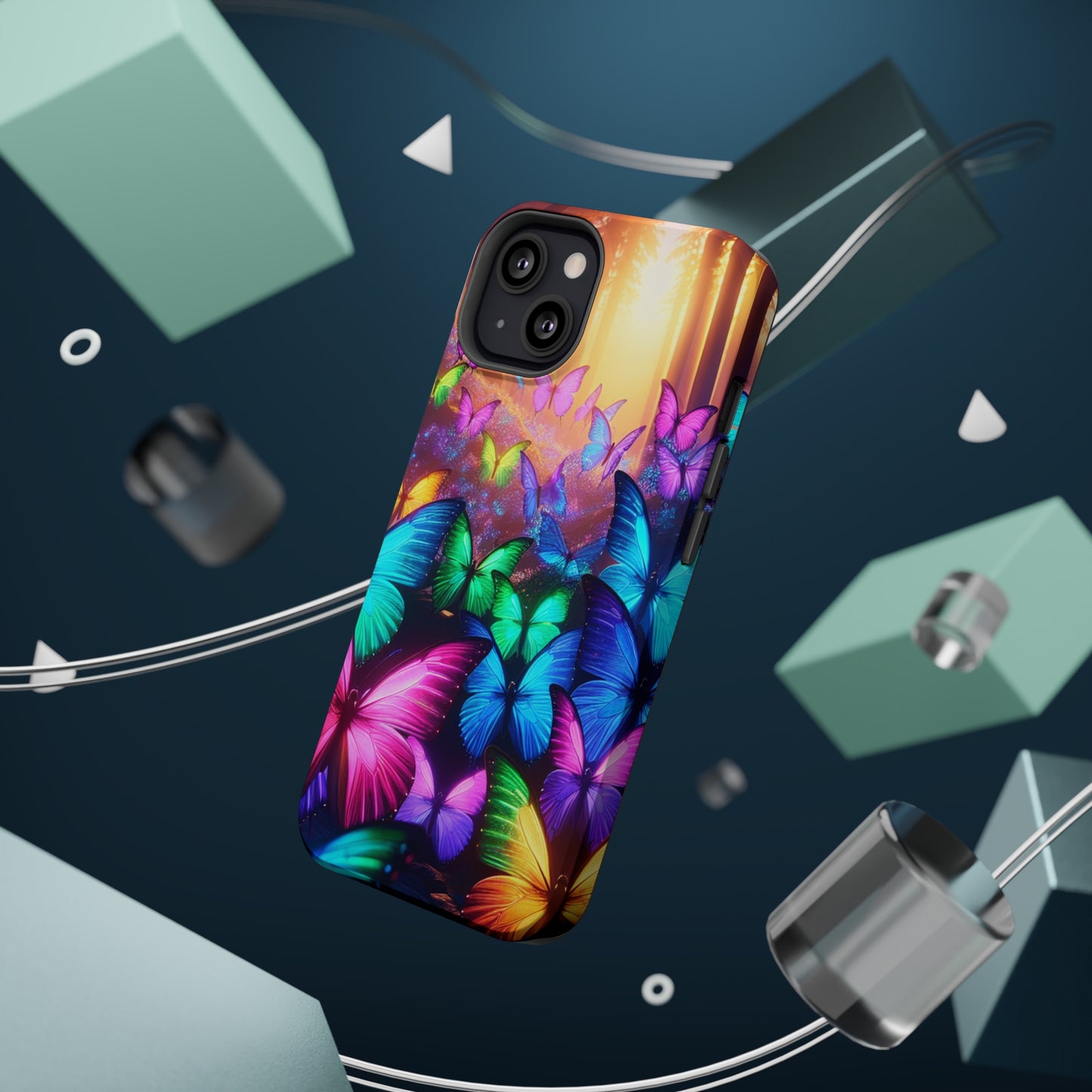 "Radiant Glowing Flight" Neon Butterflies Premium Art Magsafe Magnet Tough IPhone 13 14 15 Pro Plus Max and Mini in Matte and Glossy Phone cases